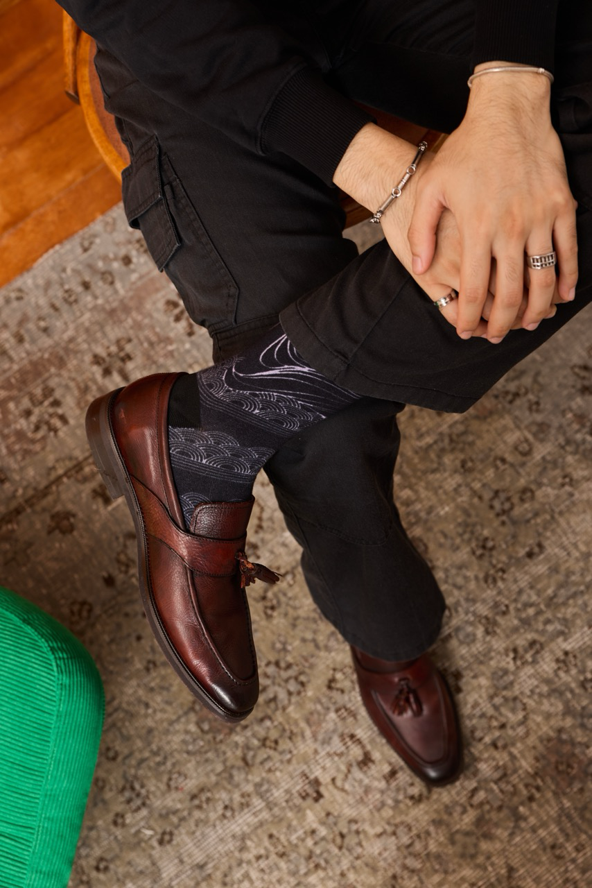 Satria Malam - Noir Monochrome Batik Patterned Cotton Crew Socks