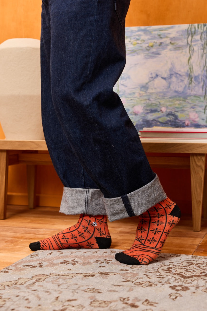 Senja - Marmalade Orange Monochrome Batik Patterned Cotton Crew Socks