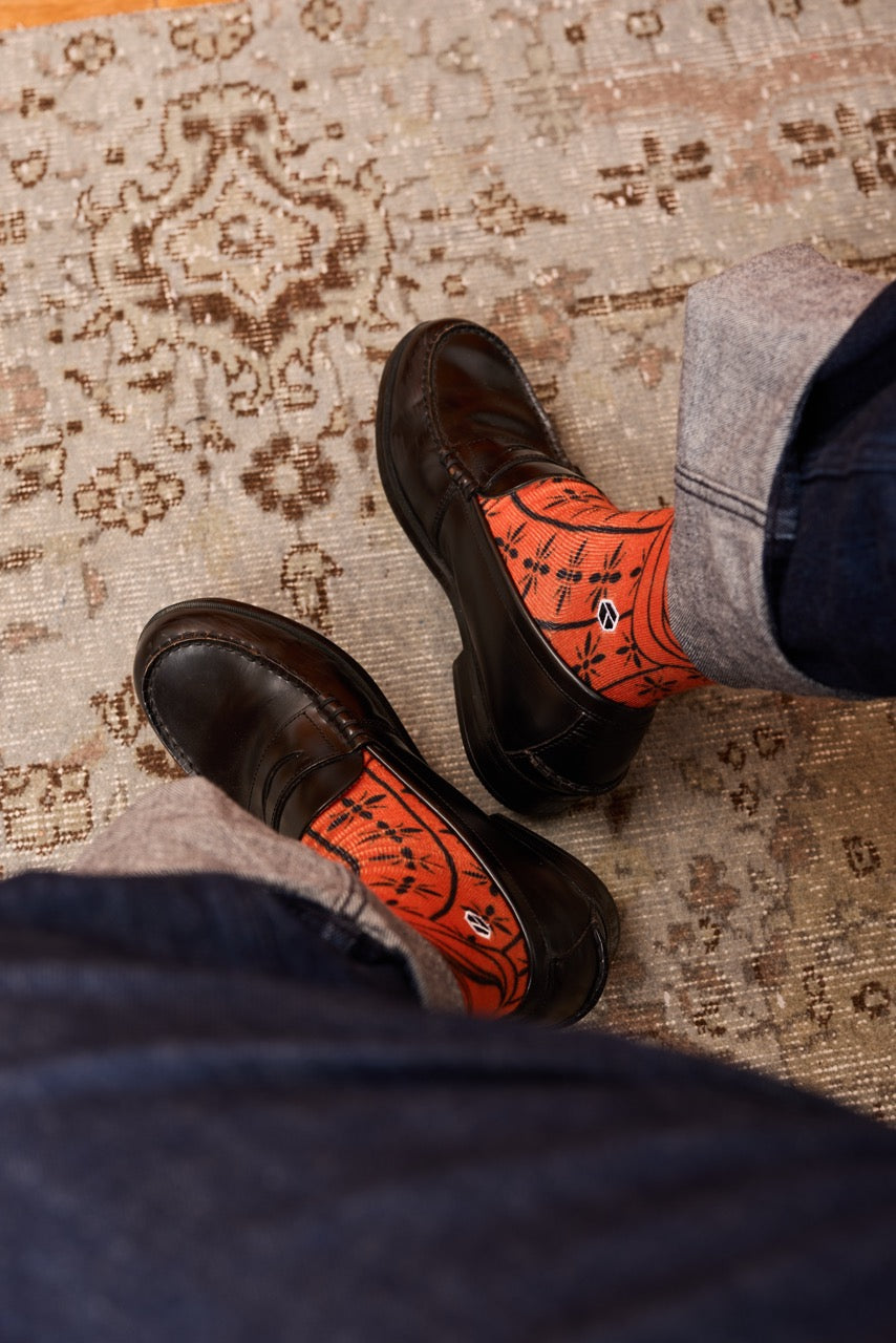 Senja - Marmalade Orange Monochrome Batik Patterned Cotton Crew Socks