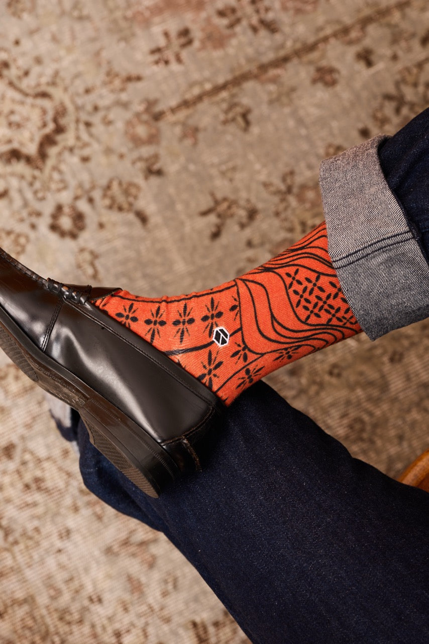 Senja - Marmalade Orange Monochrome Batik Patterned Cotton Crew Socks