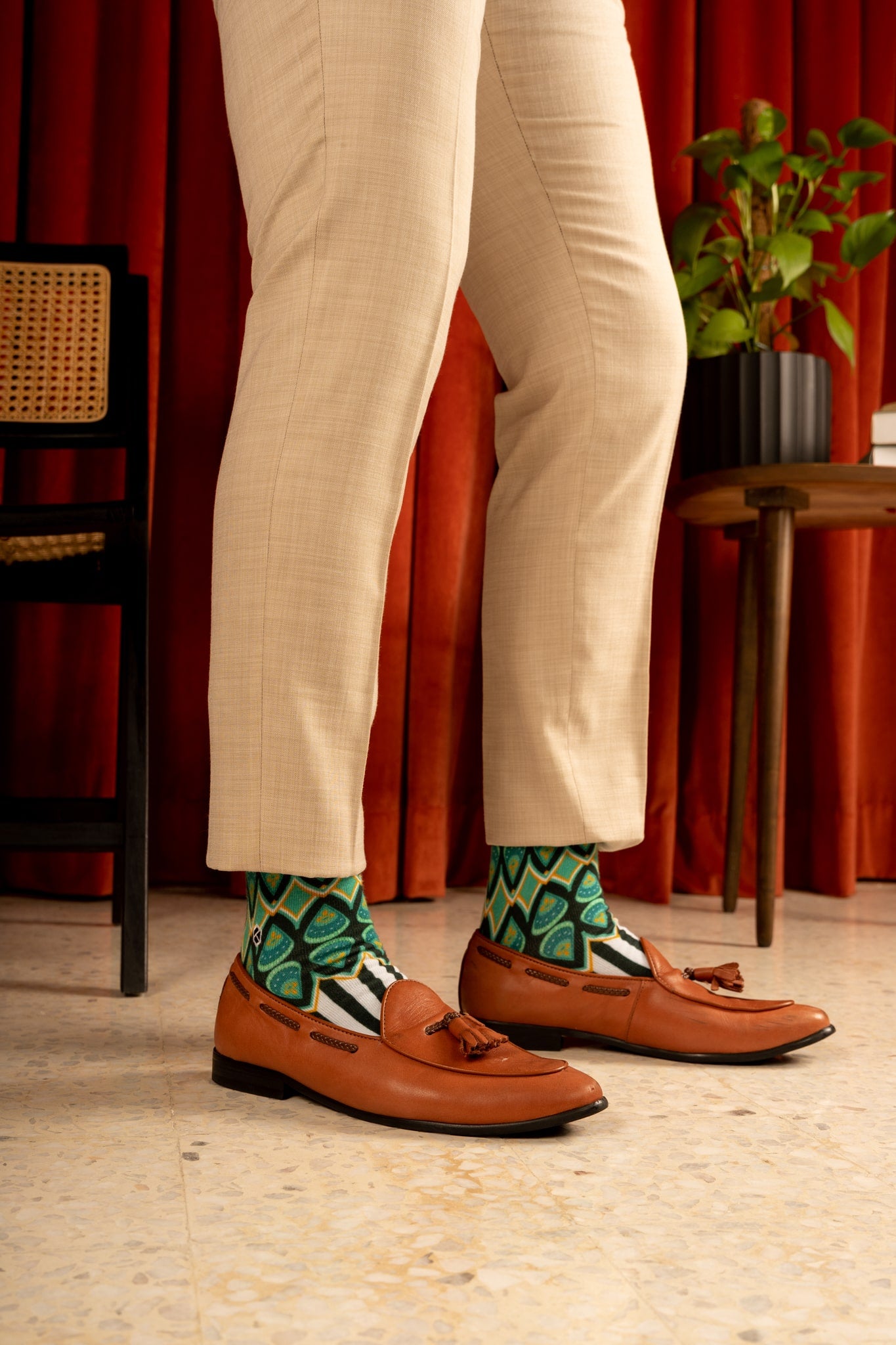 Aqua Blue Batik Patterned Cotton Crew Socks | Adiwarna