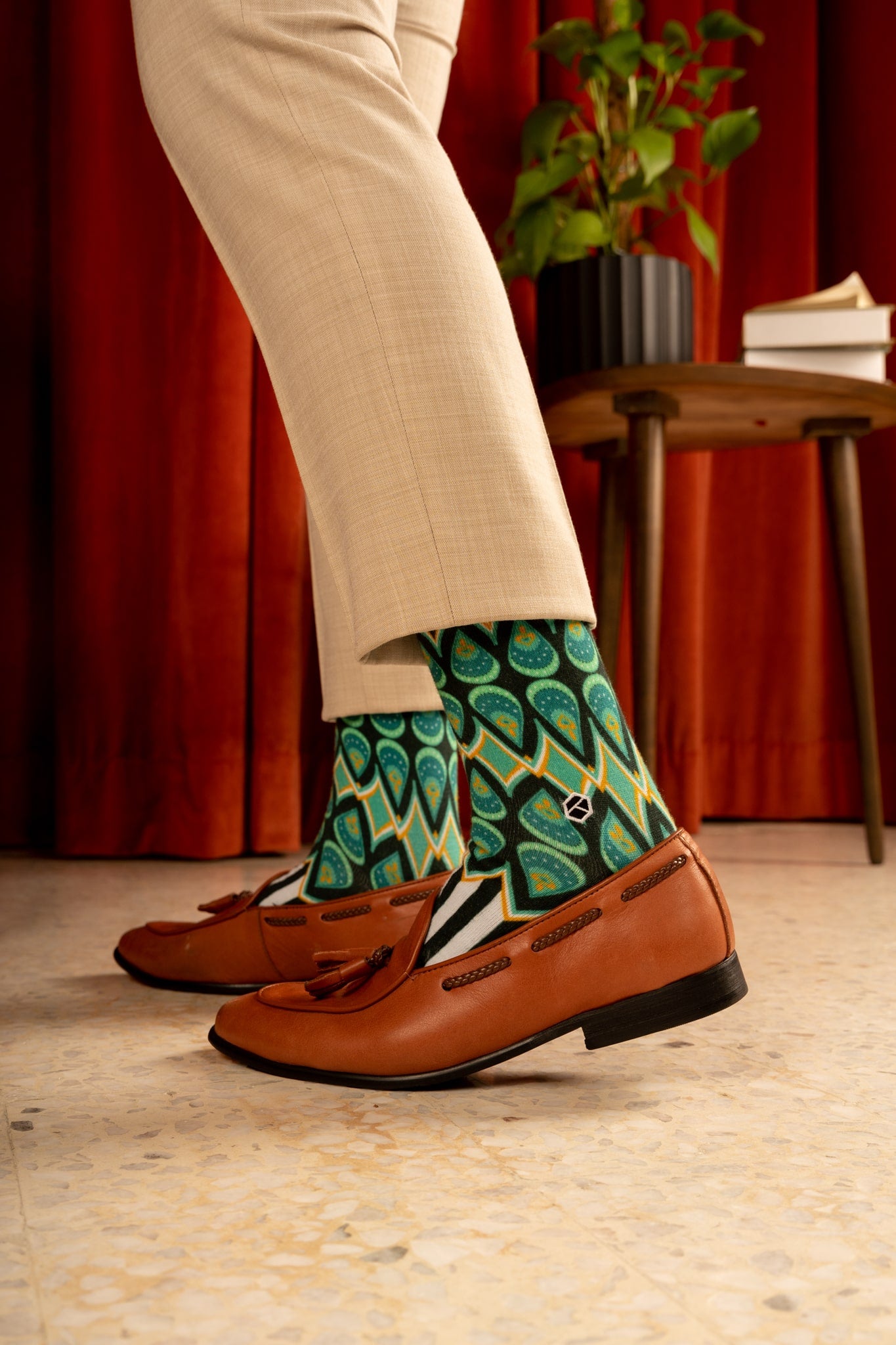 Aqua Blue Batik Patterned Cotton Crew Socks | Adiwarna