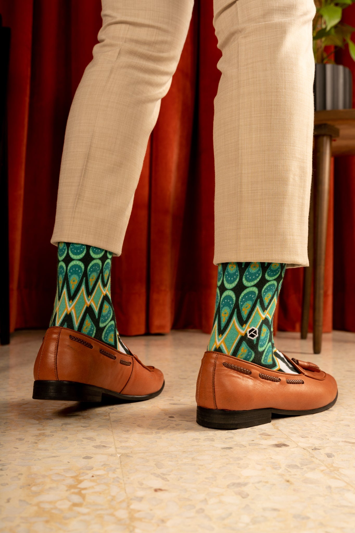 Aqua Blue Batik Patterned Cotton Crew Socks | Adiwarna