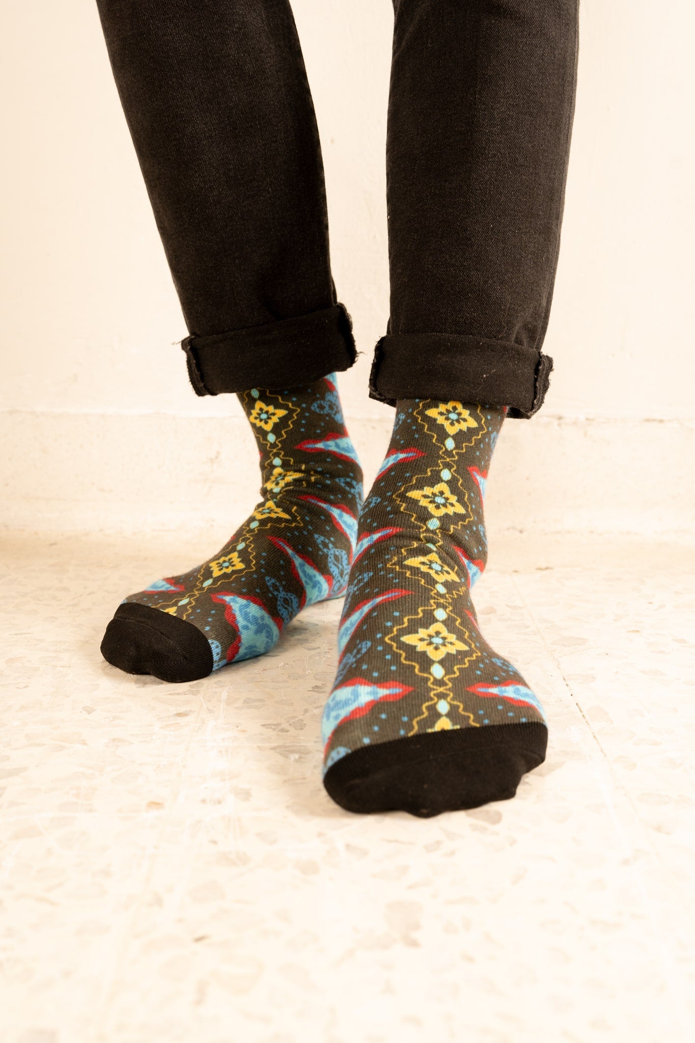 Denim Blue Batik Patterned Cotton Crew Socks | Andika