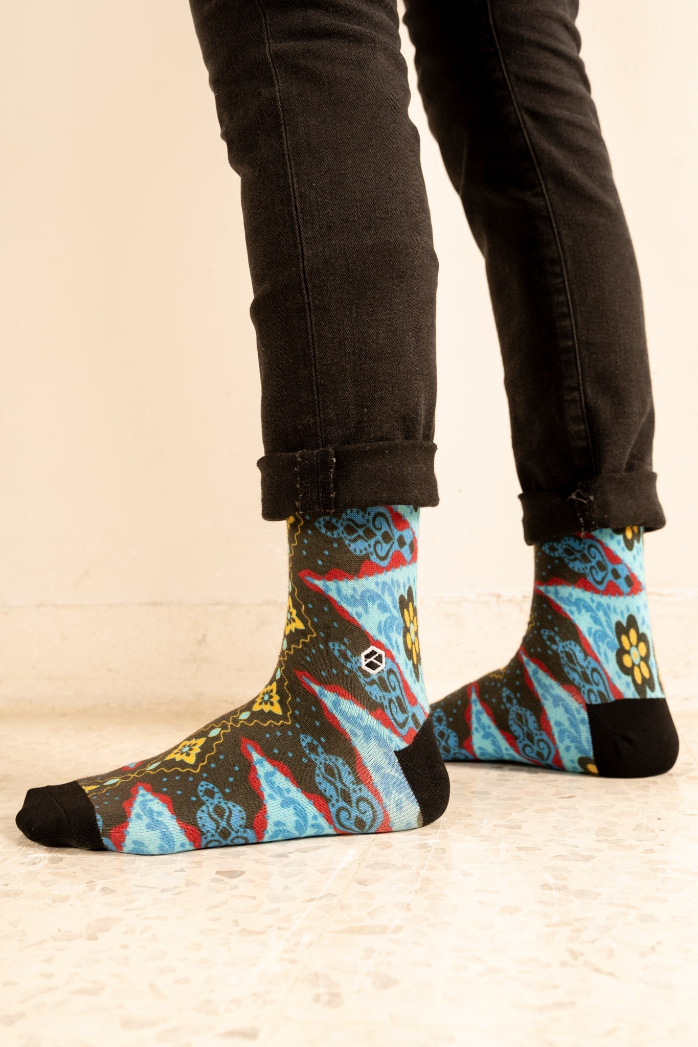 Denim Blue Batik Patterned Cotton Crew Socks | Andika