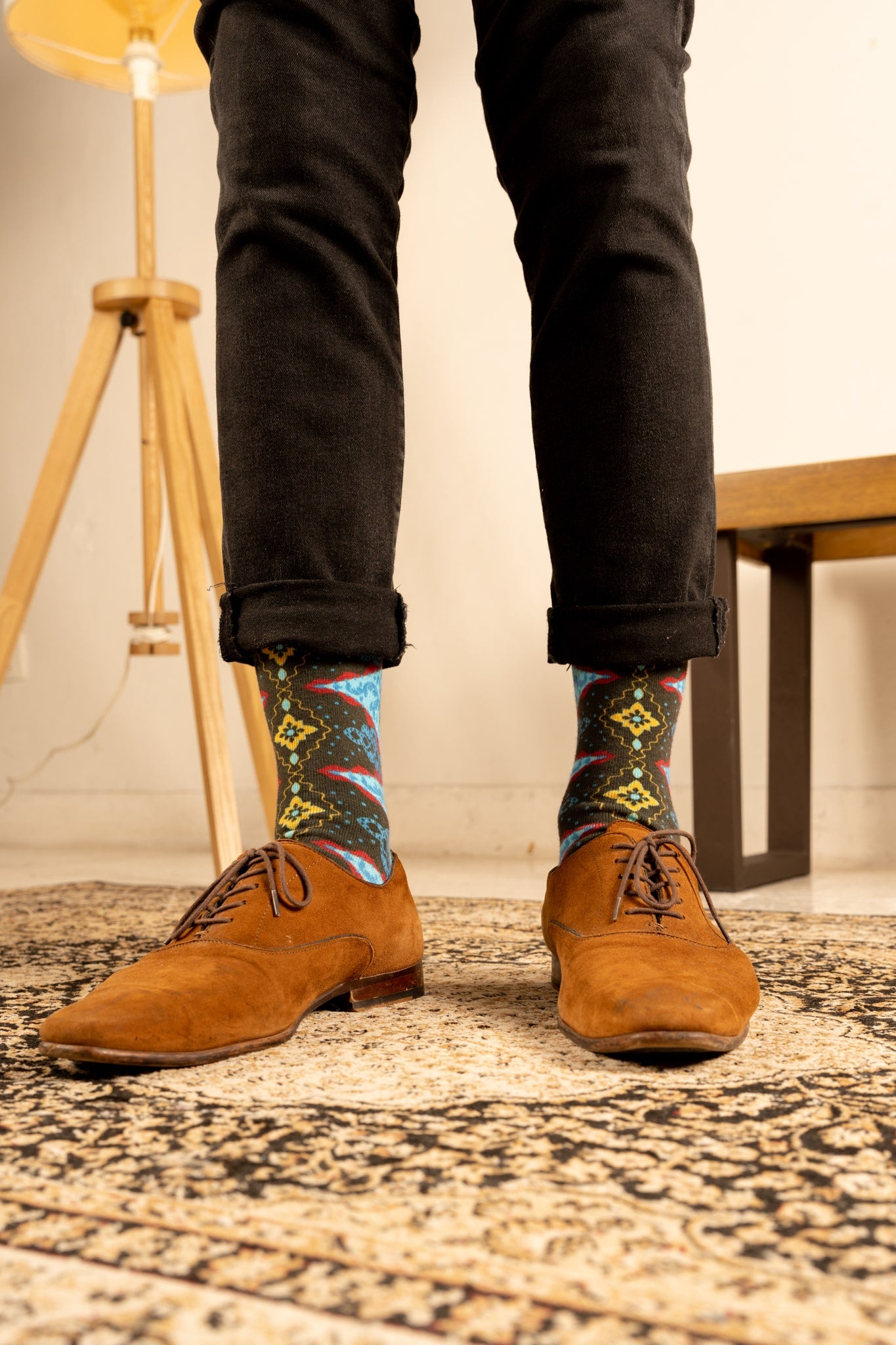 Denim Blue Batik Patterned Cotton Crew Socks | Andika