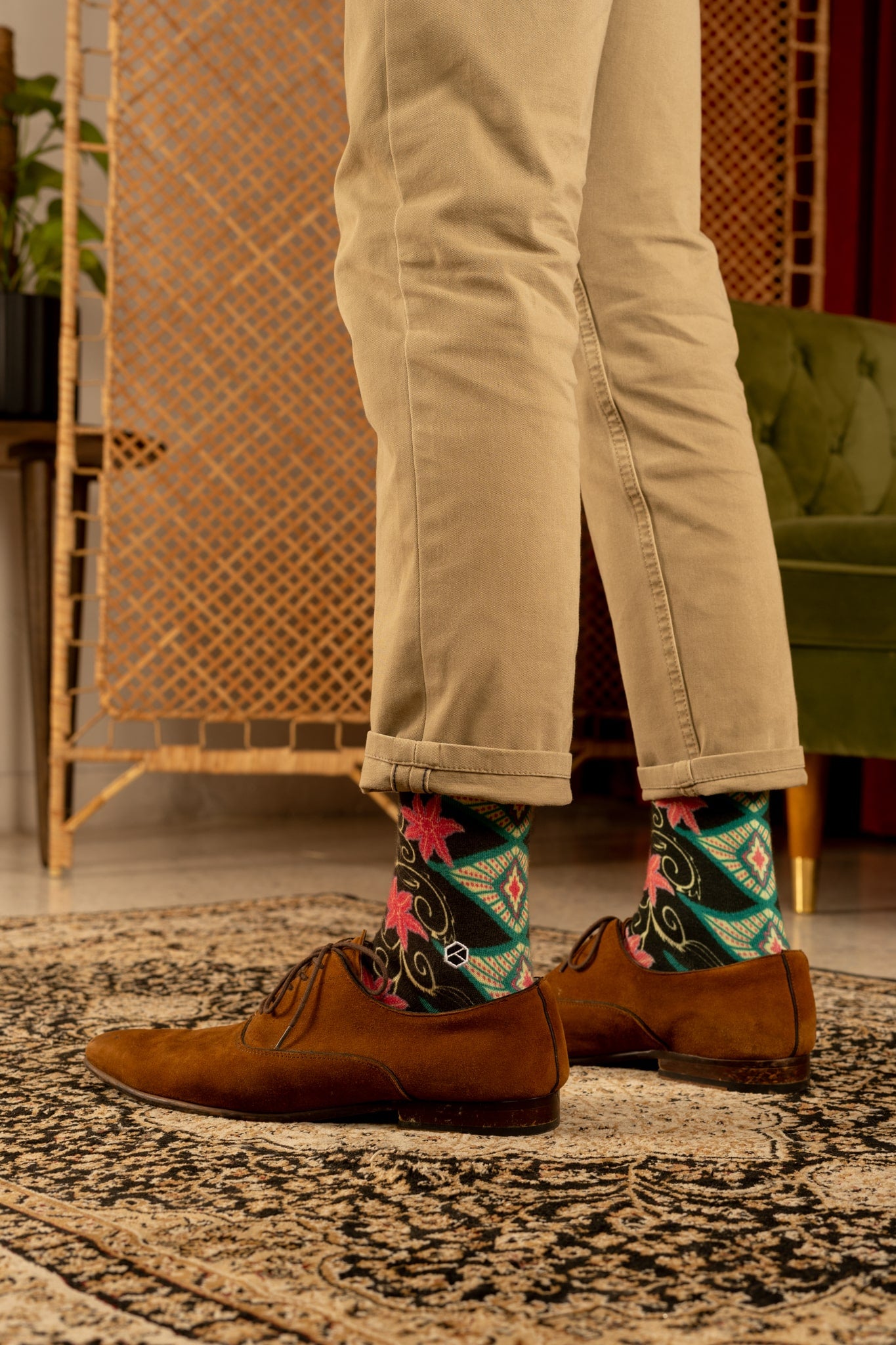 Phthalo Green Floral Batik Patterned Cotton Crew Socks | Cendana