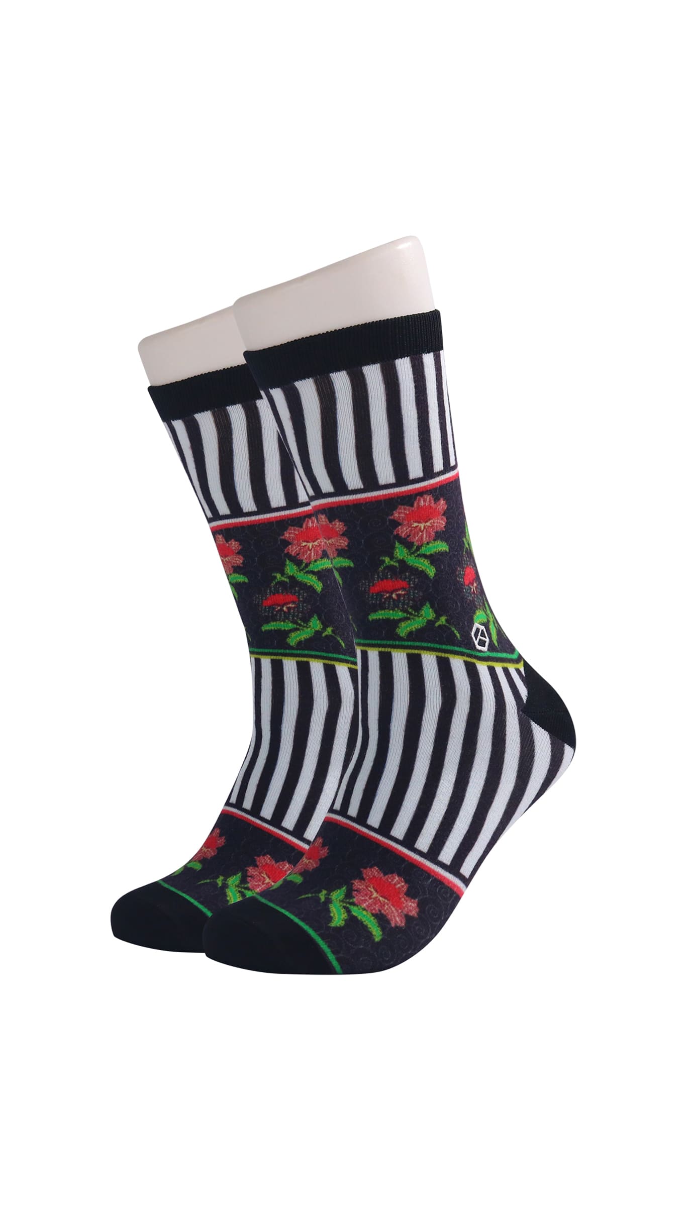 Black & White Floral Batik Patterned Cotton Crew Socks | Dewa
