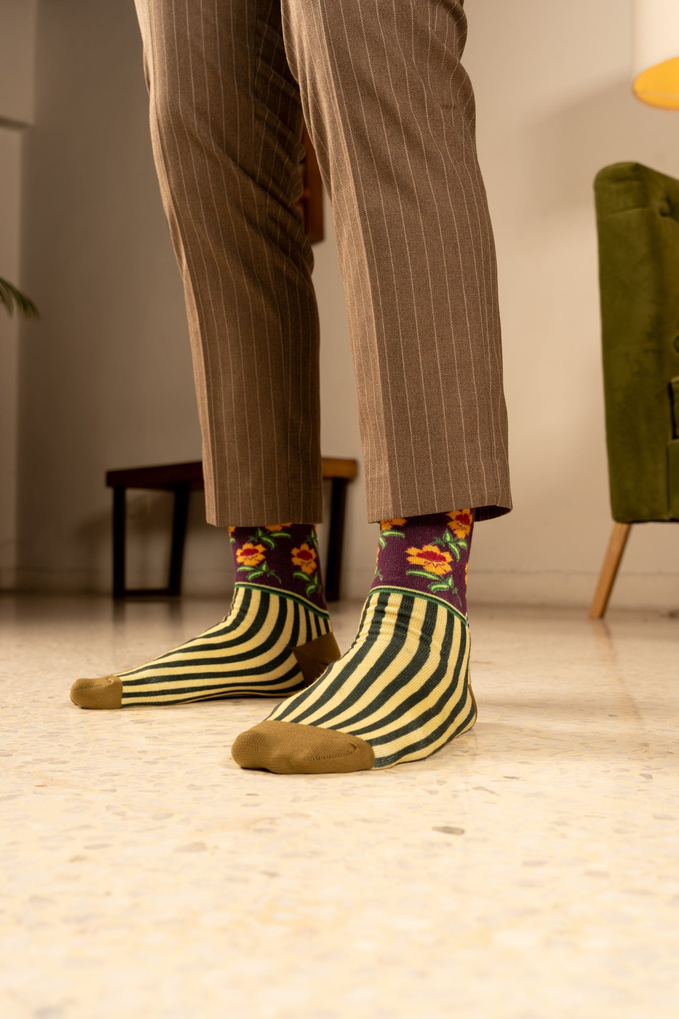 Olive Green Batik Patterned Cotton Crew Socks | Dewi