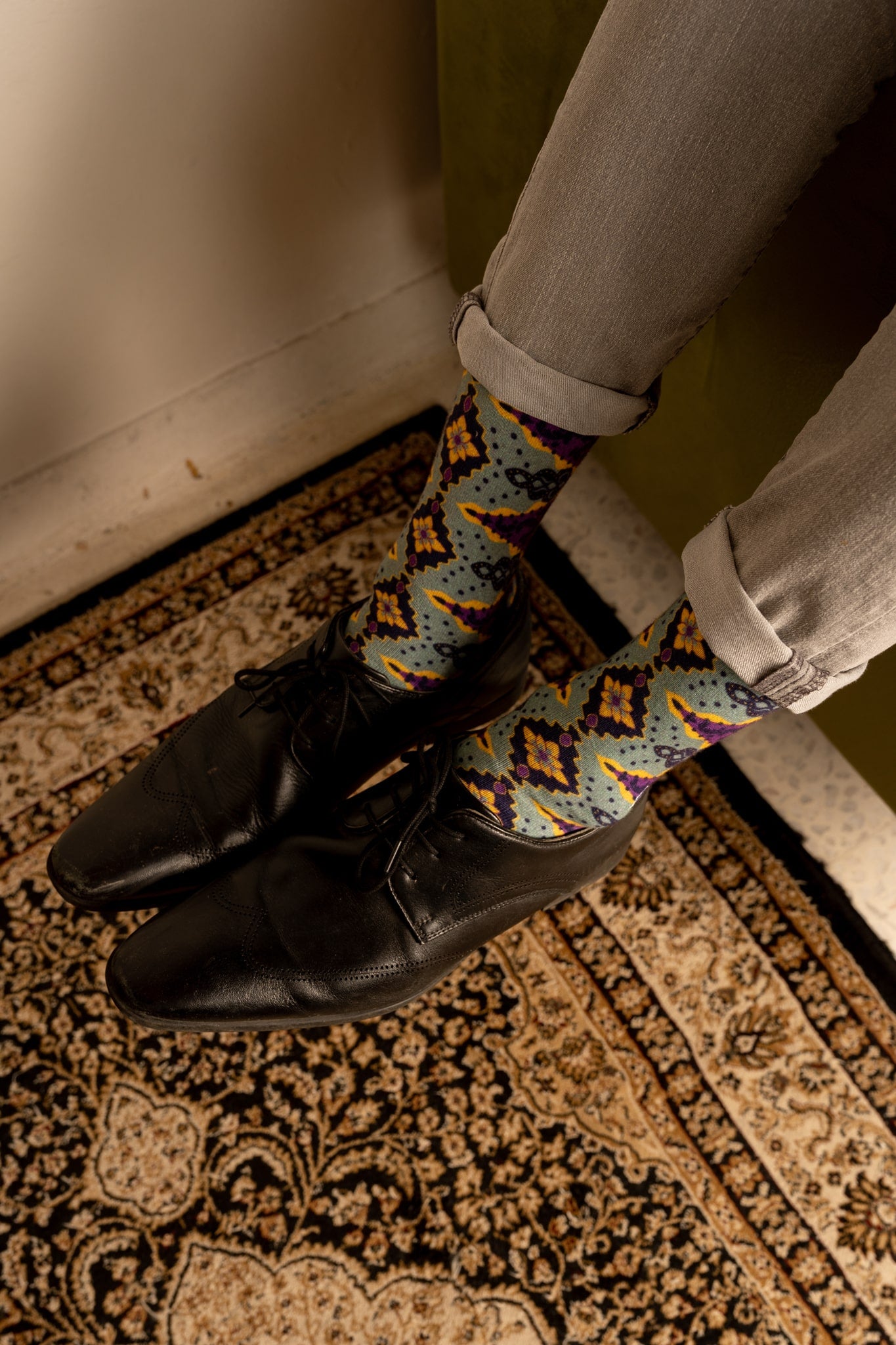 French Violet Purple Batik Patterned Cotton Crew Socks | Juwita