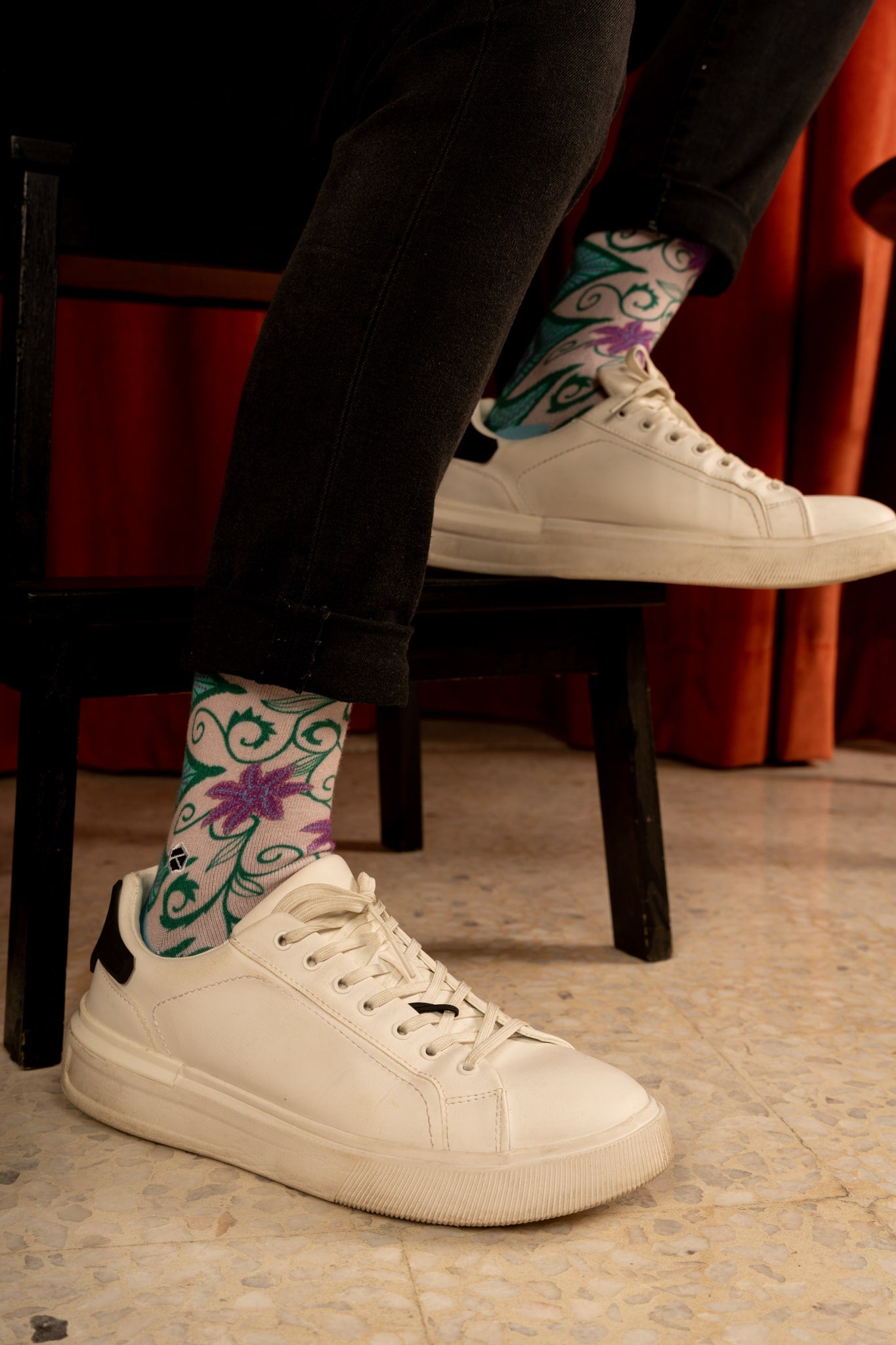 Spanish Pink Floral Batik Patterned Cotton Crew Socks | Kirana