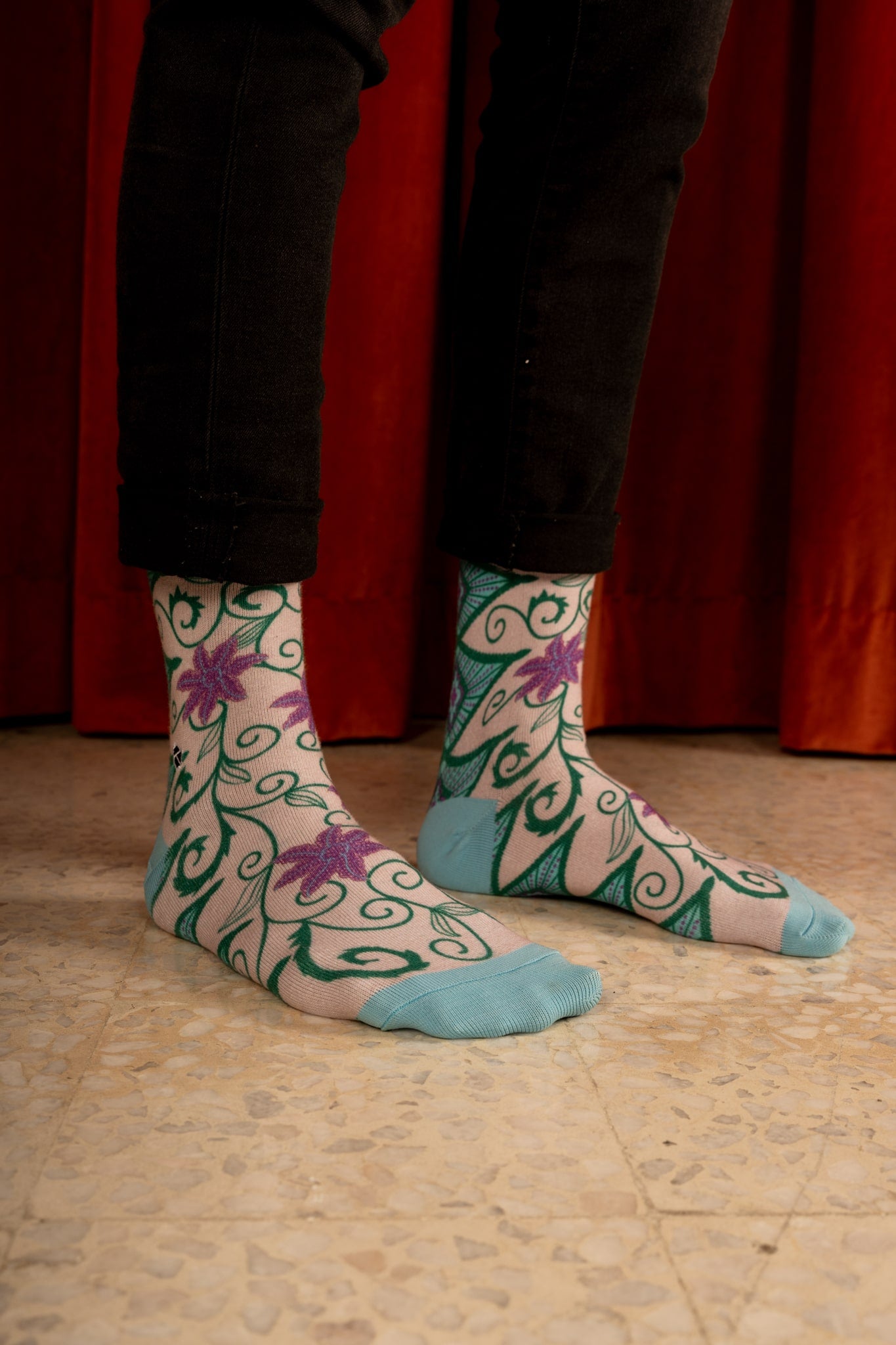 Spanish Pink Floral Batik Patterned Cotton Crew Socks | Kirana