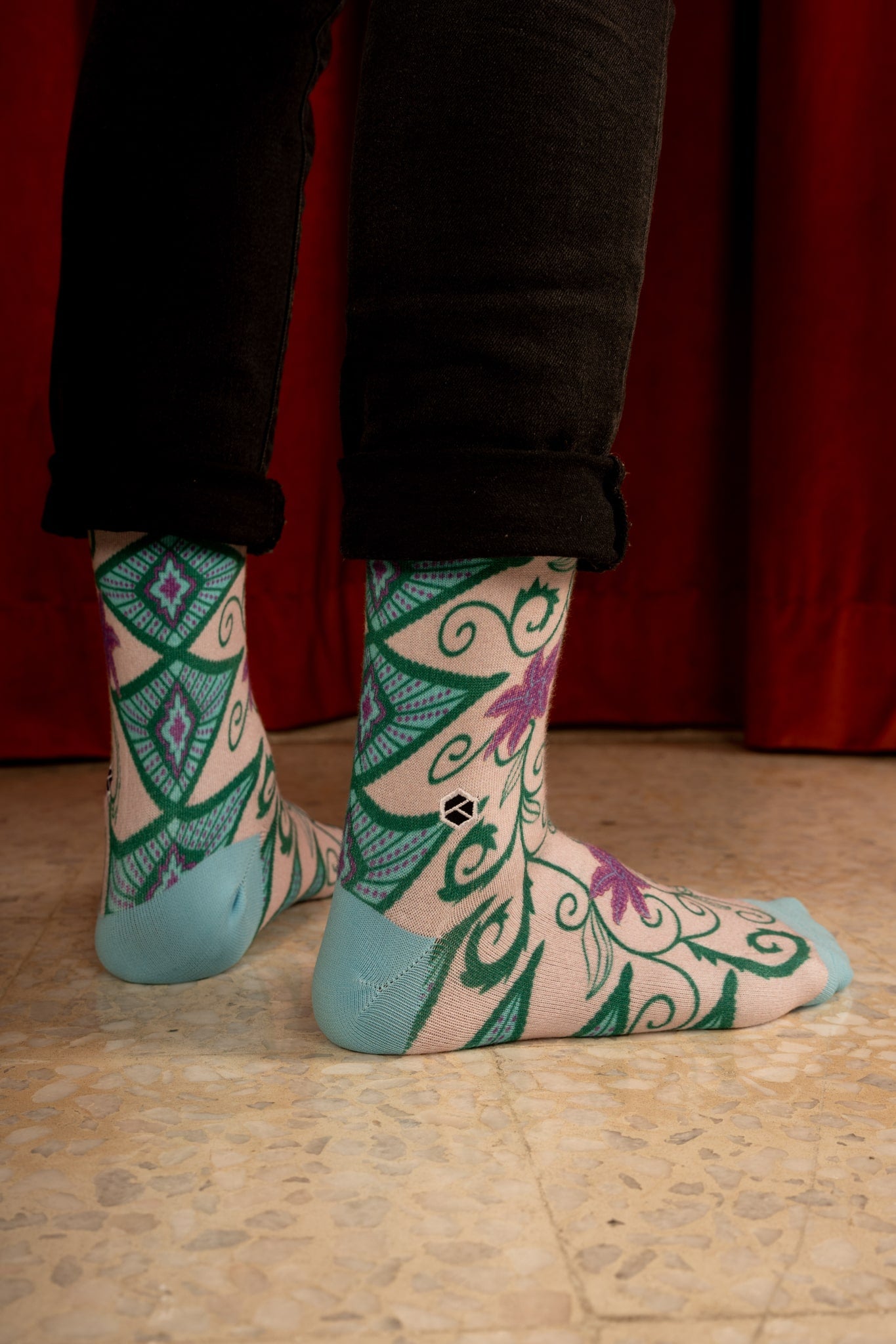 Spanish Pink Floral Batik Patterned Cotton Crew Socks | Kirana