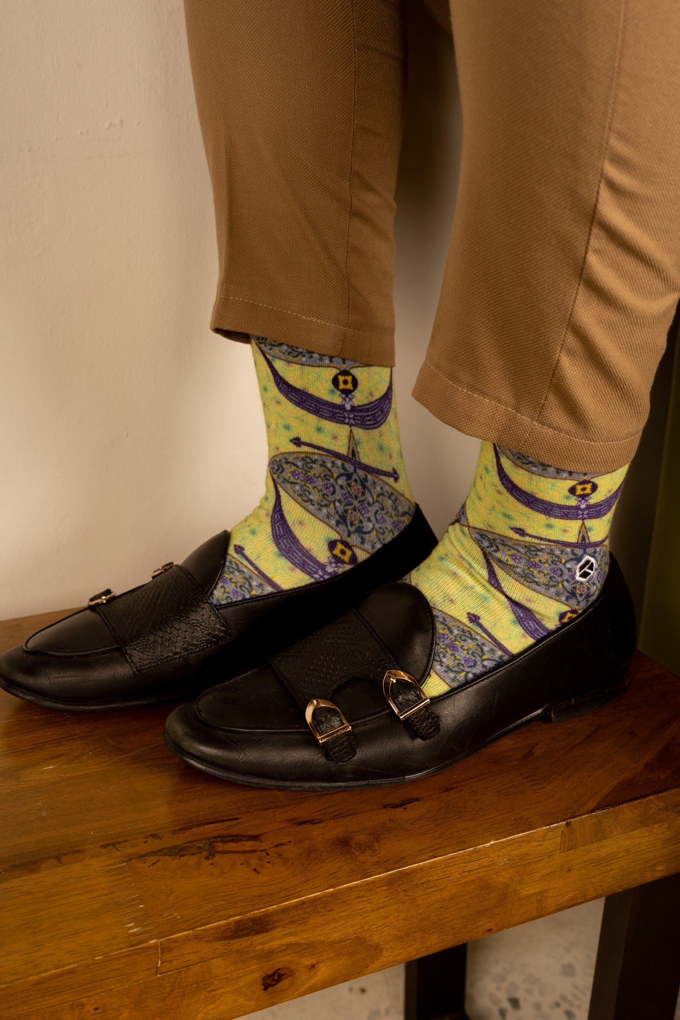 Lime Green Moon Kite Patterned Cotton Crew Socks | Purnama