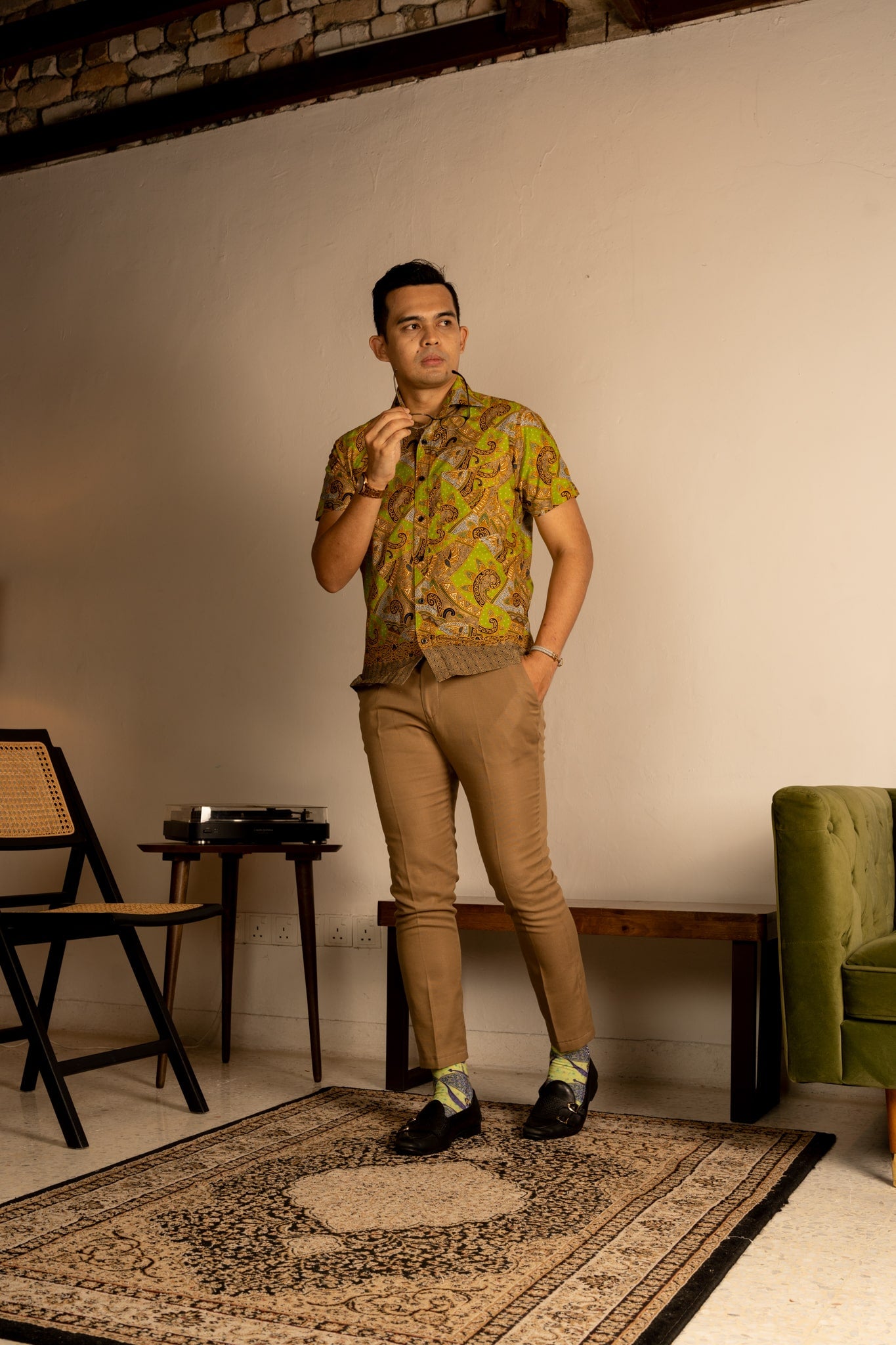 Lime Green Moon Kite Patterned Cotton Crew Socks | Purnama