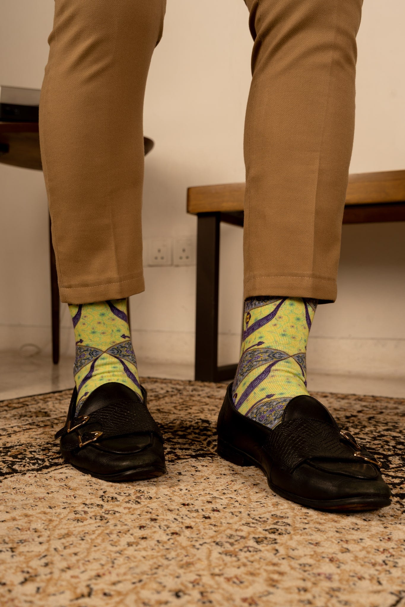 Lime Green Moon Kite Patterned Cotton Crew Socks | Purnama