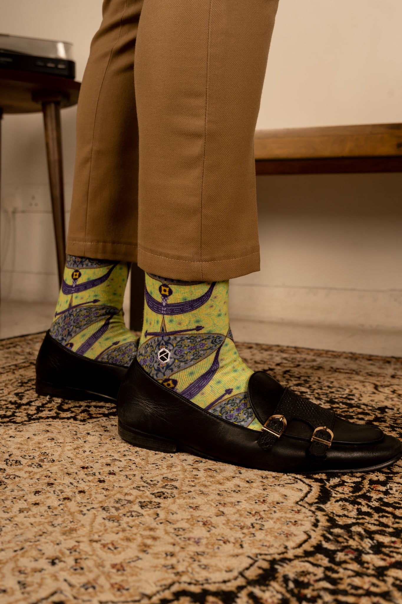 Lime Green Moon Kite Patterned Cotton Crew Socks | Purnama