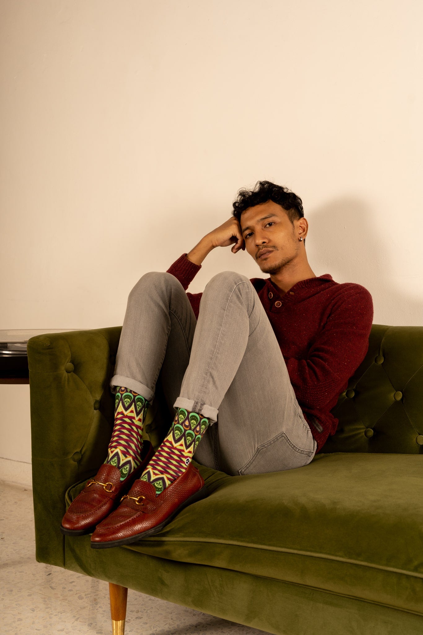 Mint Green Batik Patterned Cotton Crew Socks | Ratna