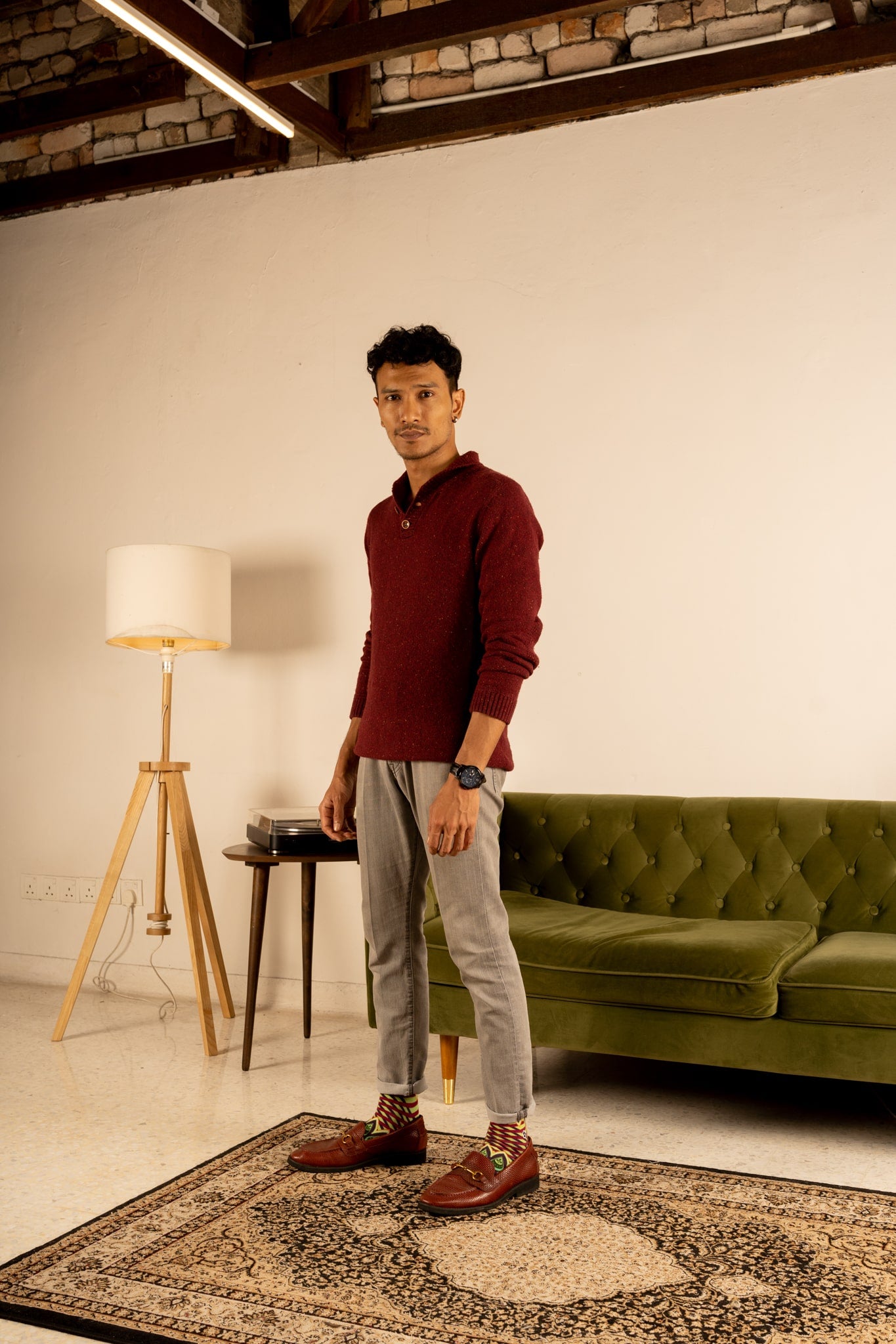 Mint Green Batik Patterned Cotton Crew Socks | Ratna