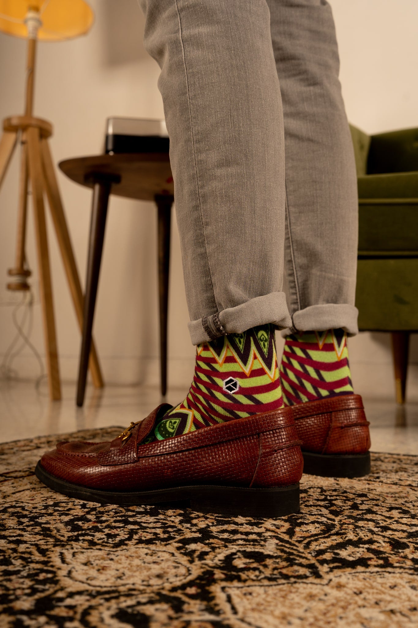 Mint Green Batik Patterned Cotton Crew Socks | Ratna