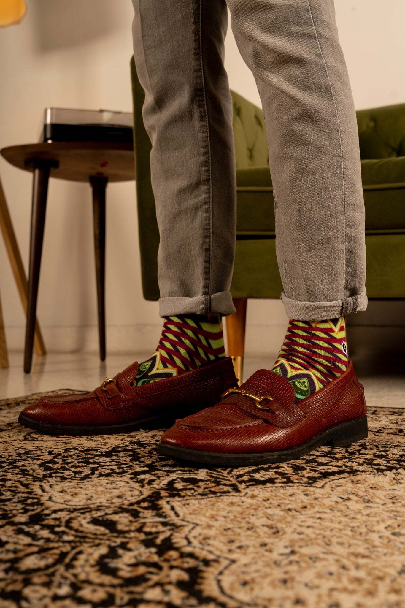 Mint Green Batik Patterned Cotton Crew Socks | Ratna