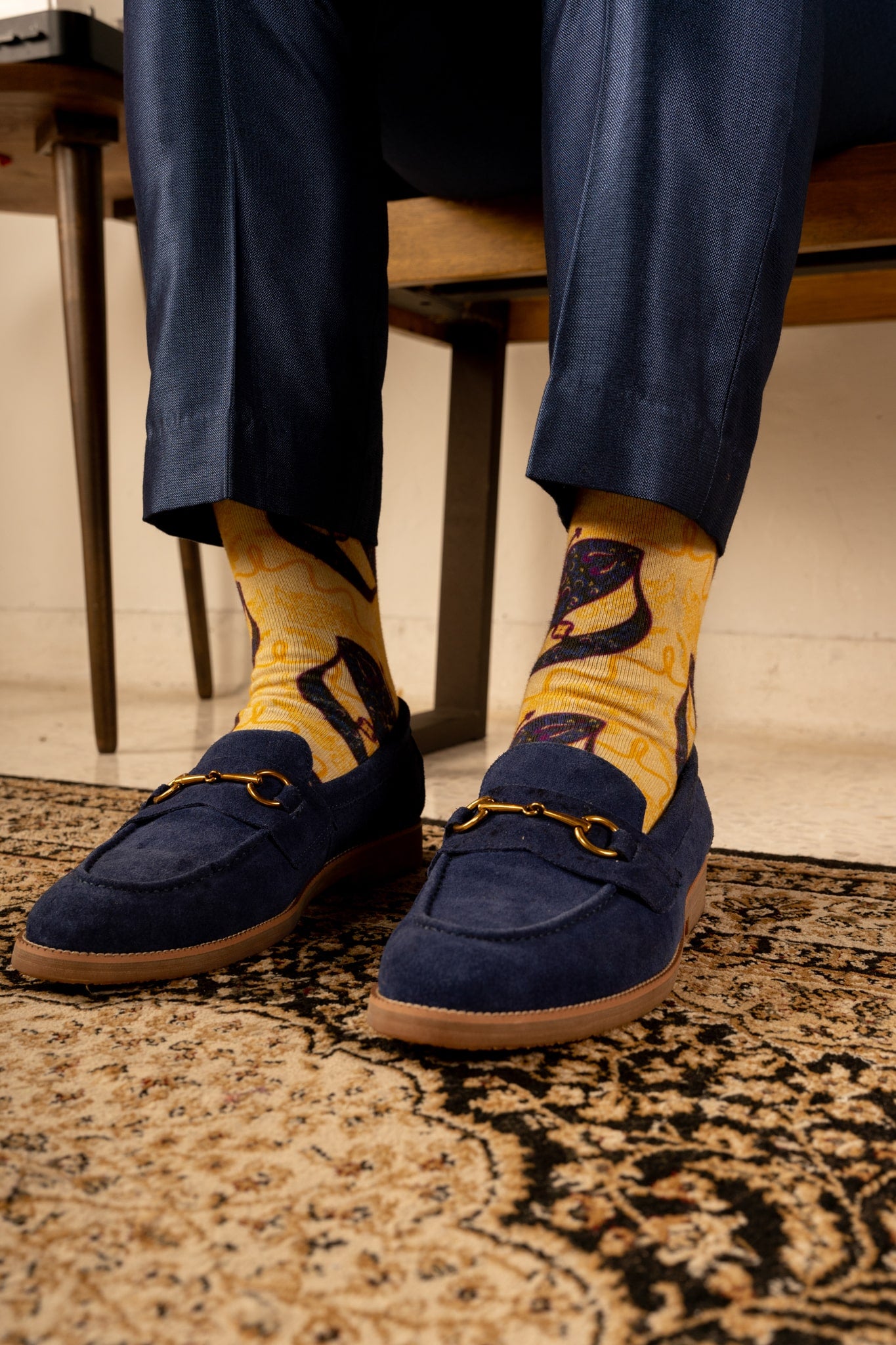 Champagne Yellow Moon Kite Patterned Cotton Crew Socks | Suria