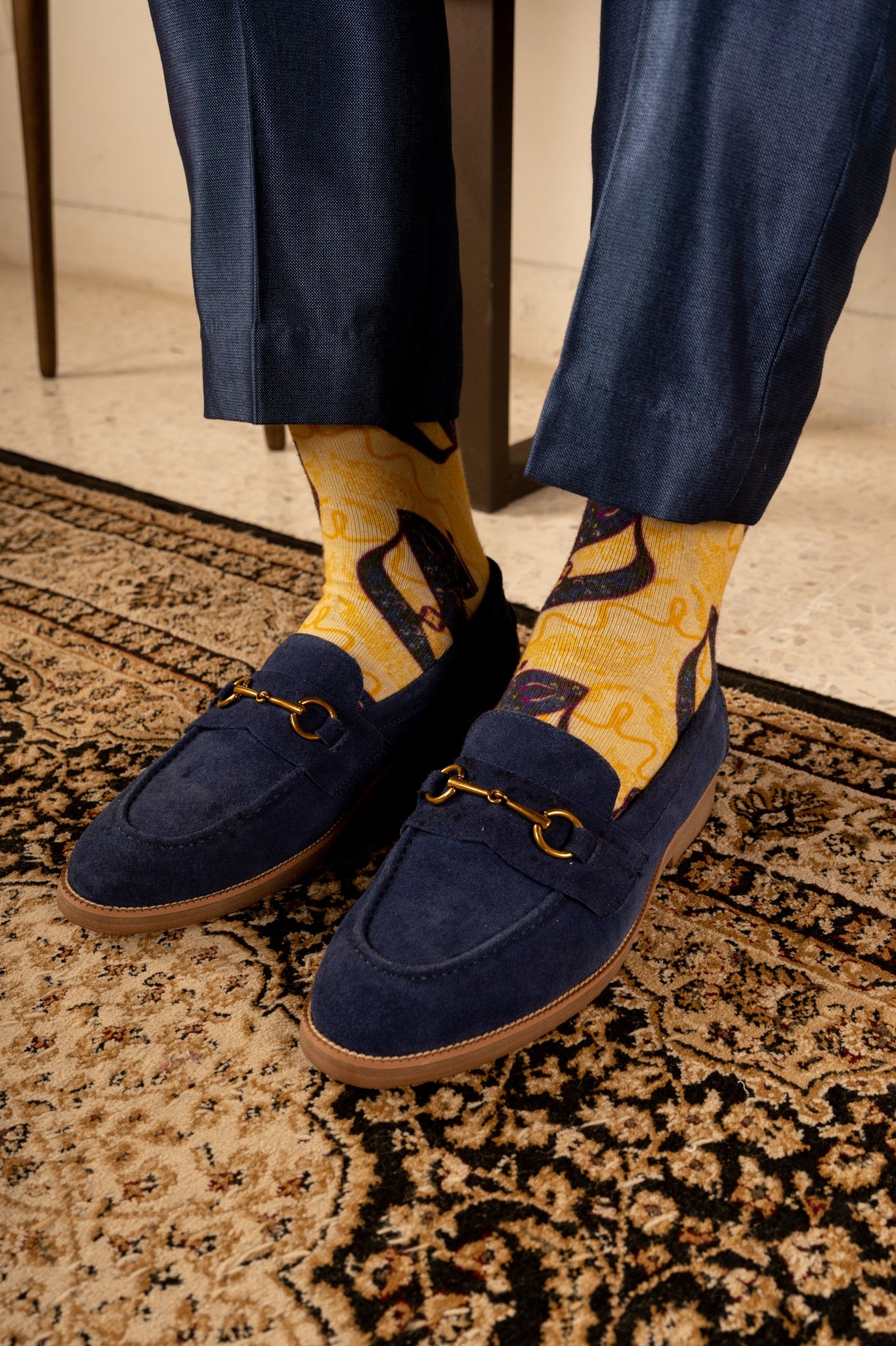 Champagne Yellow Moon Kite Patterned Cotton Crew Socks | Suria