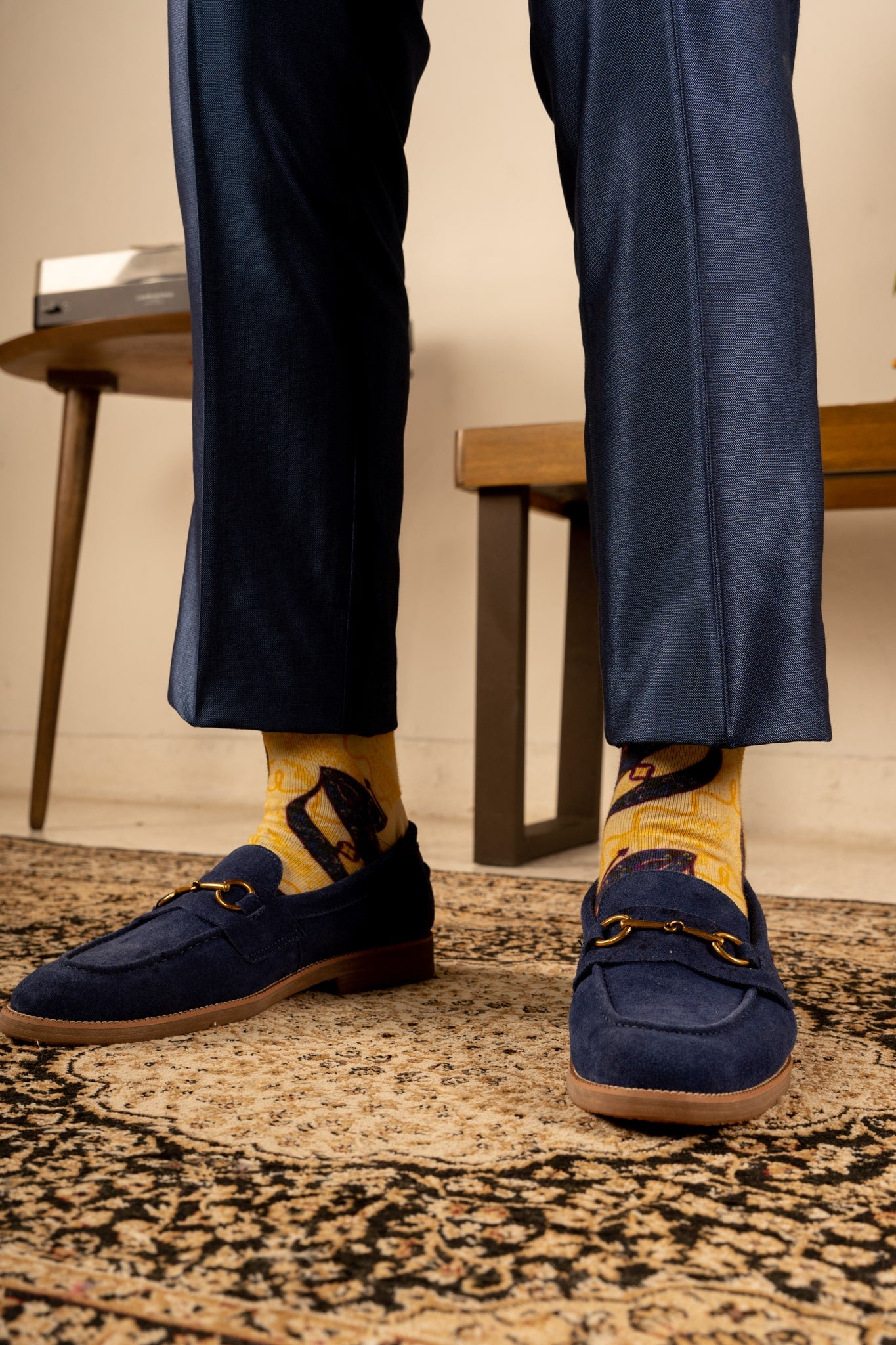 Champagne Yellow Moon Kite Patterned Cotton Crew Socks | Suria