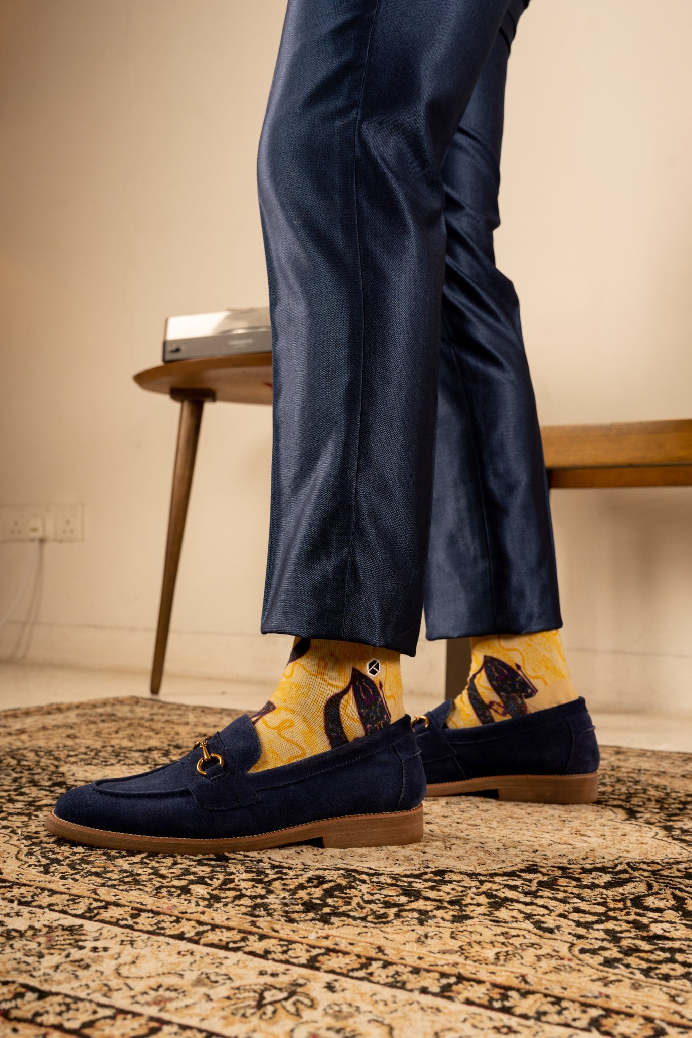 Champagne Yellow Moon Kite Patterned Cotton Crew Socks | Suria