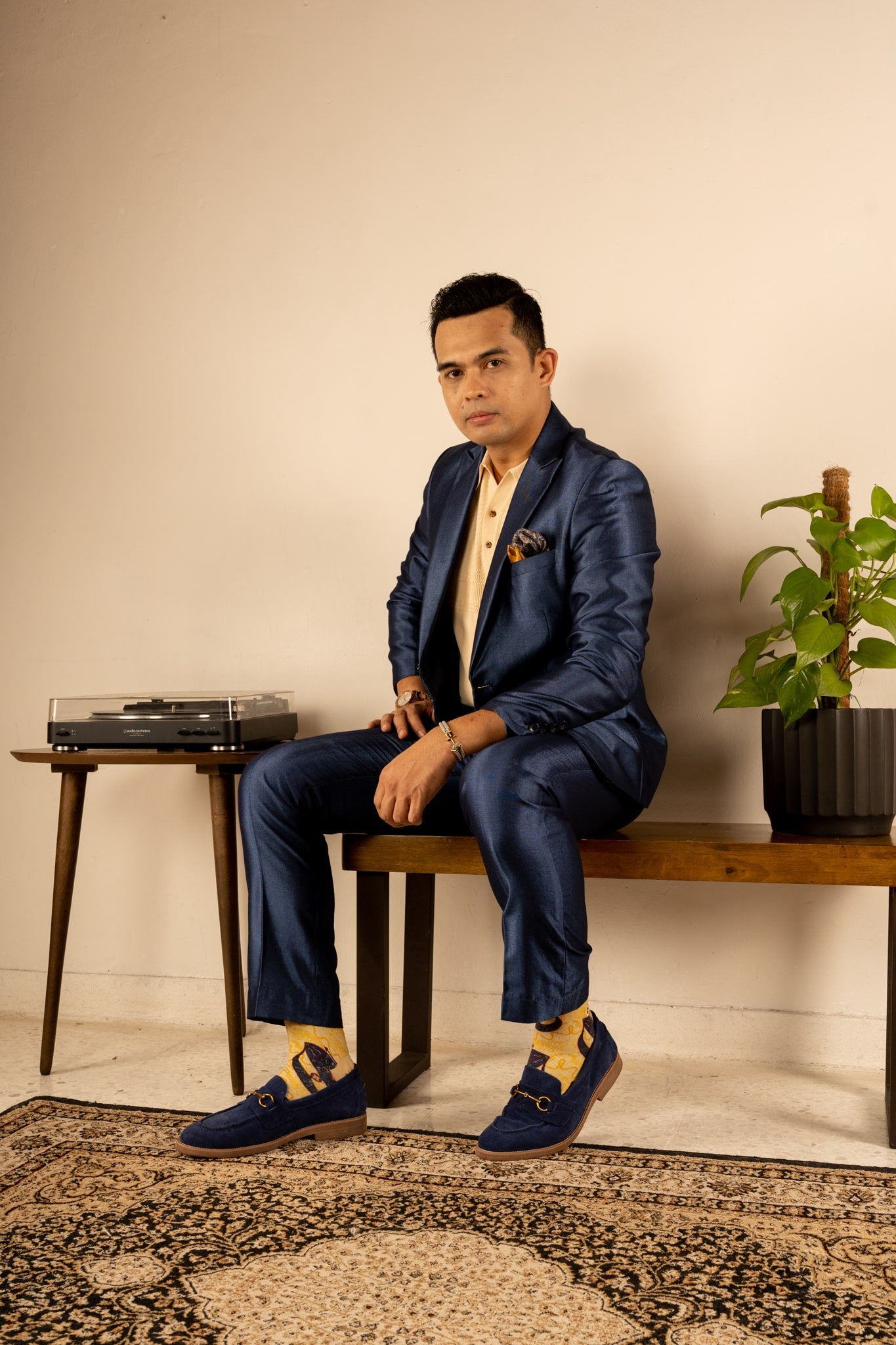 Champagne Yellow Moon Kite Patterned Cotton Crew Socks | Suria