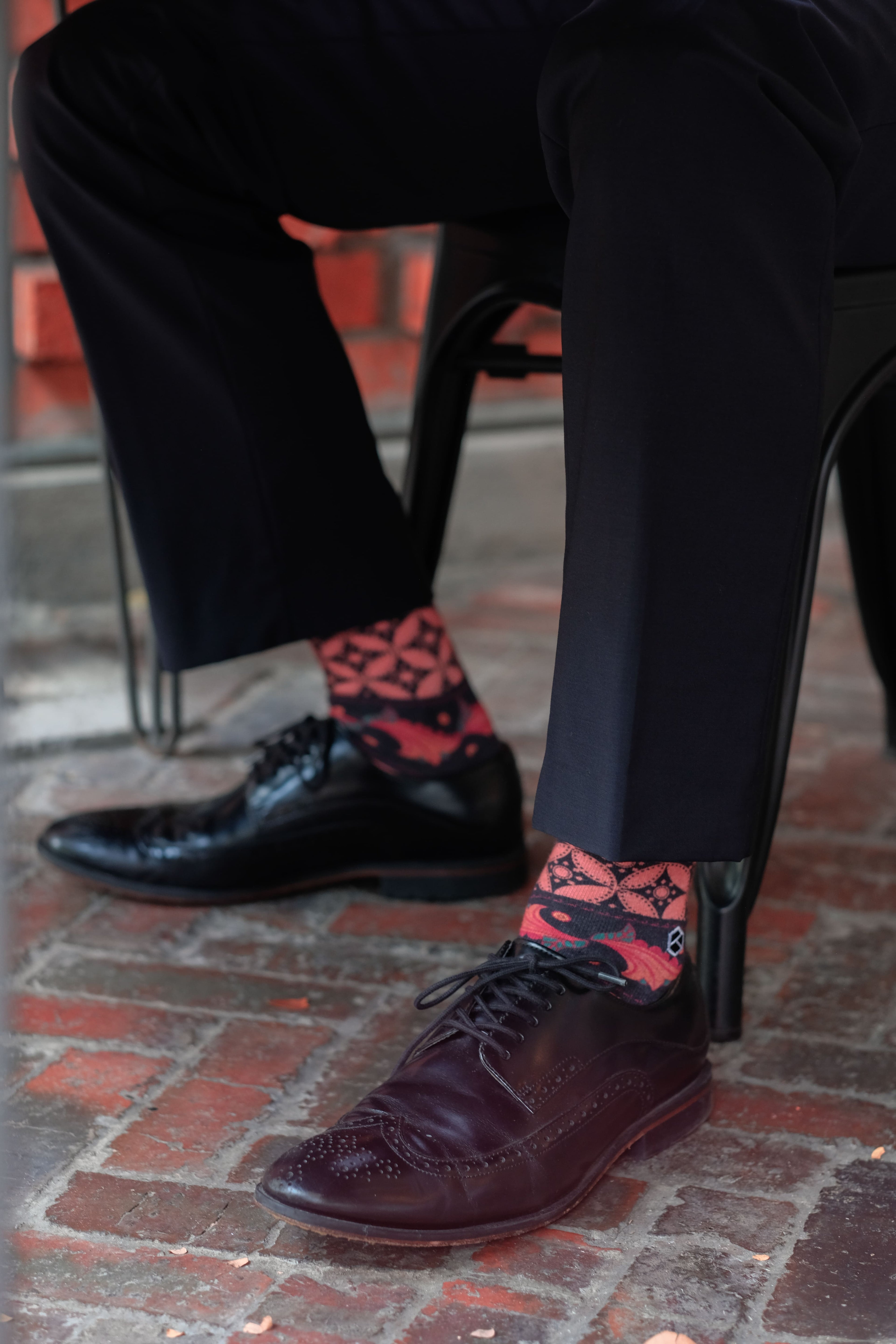 Coral Red Batik Patterned Cotton Crew Socks | Lereng Barat