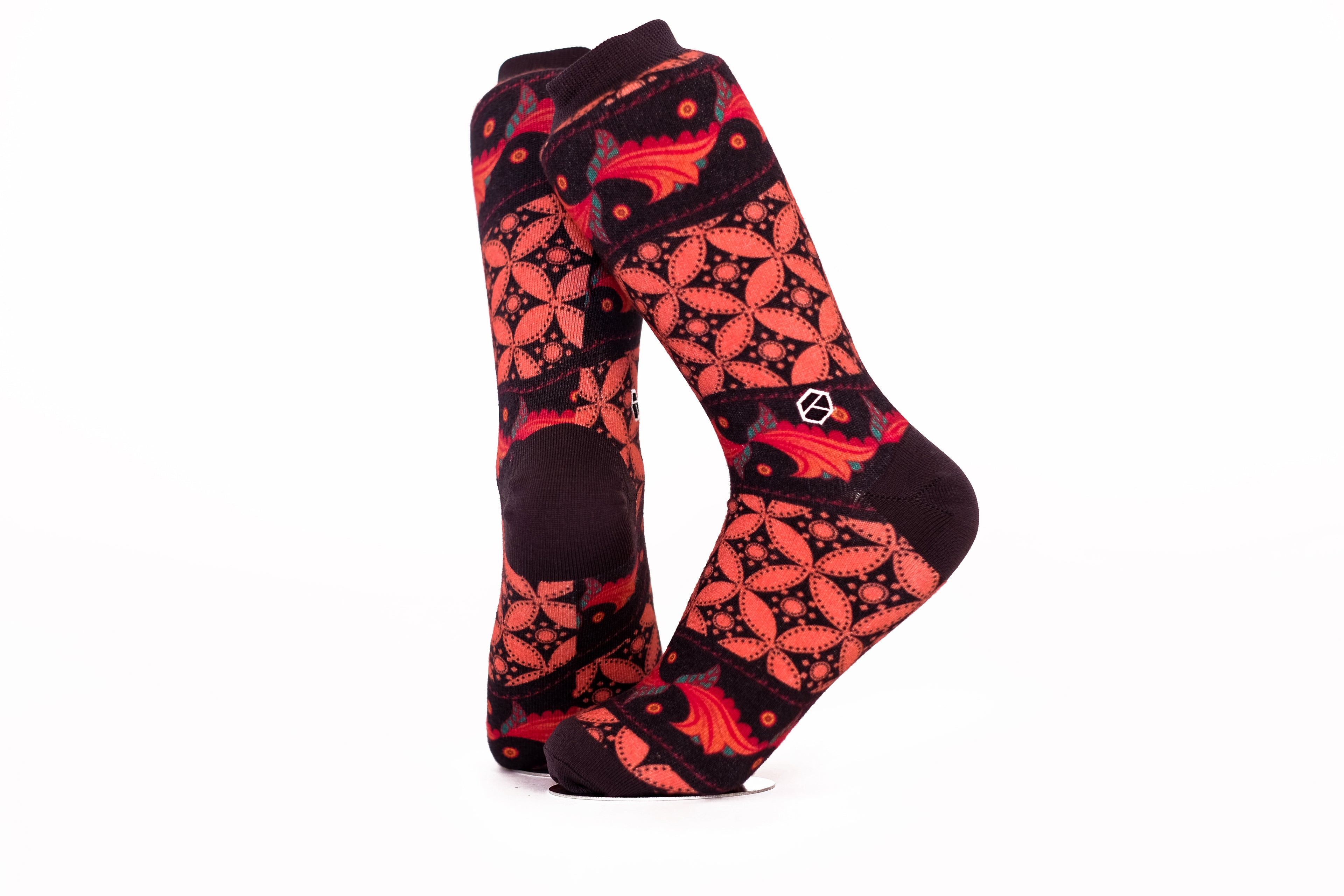 Coral Red Batik Patterned Cotton Crew Socks | Lereng Barat
