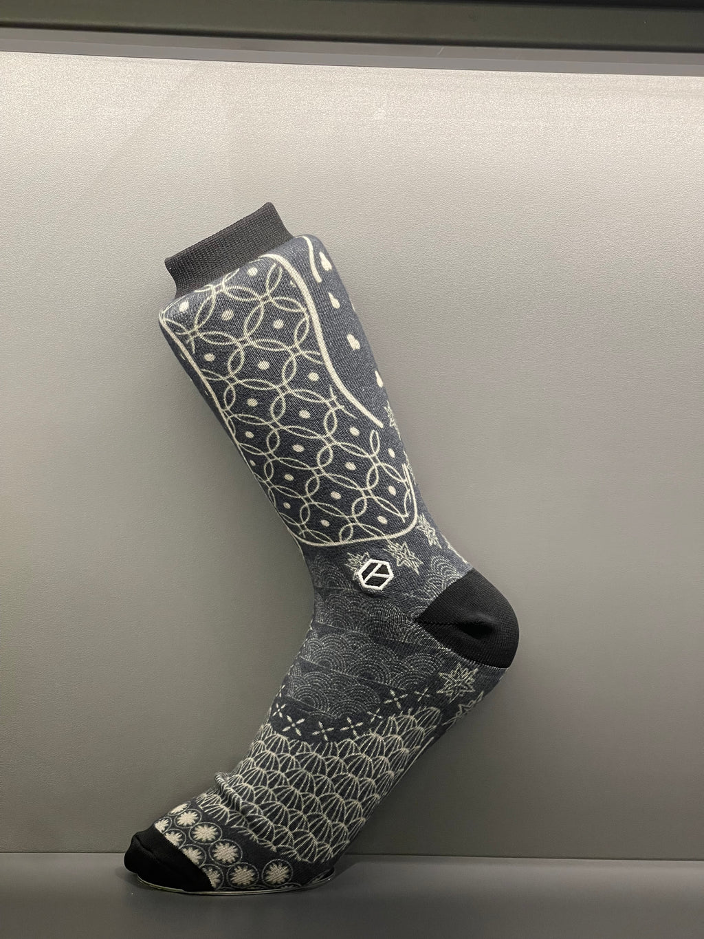 Dusky Blue & Charcoal Noir Monochrome Batik Patterned Cotton Crew Sock | Satria II & Satria Malam II