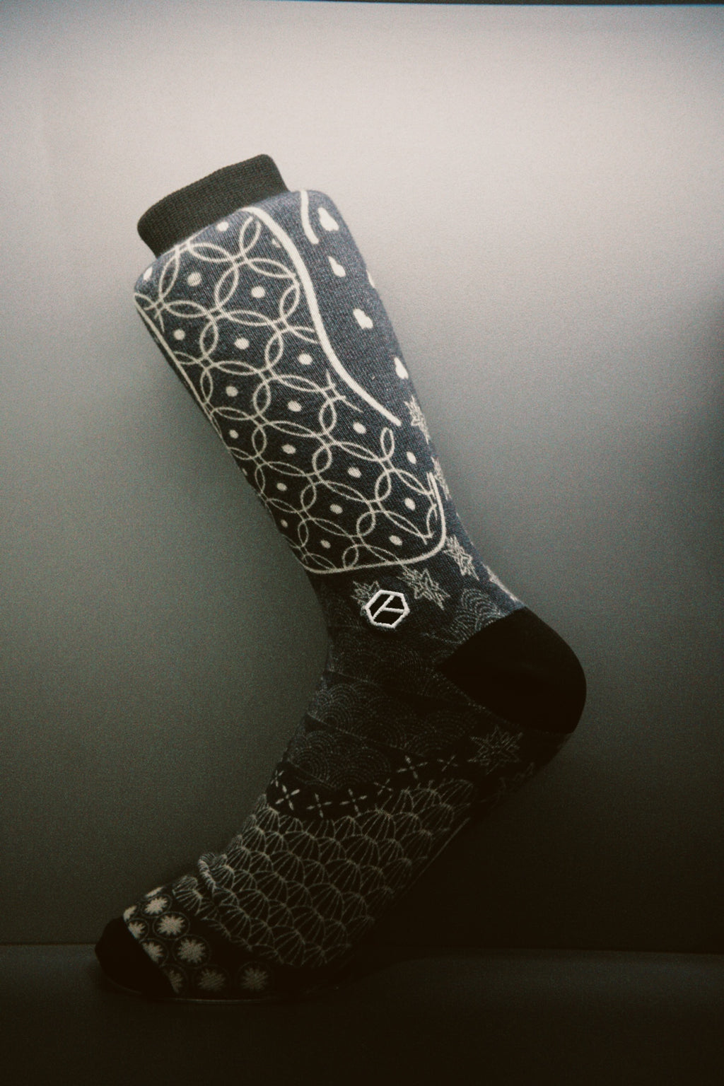 Dusky Blue & Charcoal Noir Monochrome Batik Patterned Cotton Crew Sock | Satria II & Satria Malam II