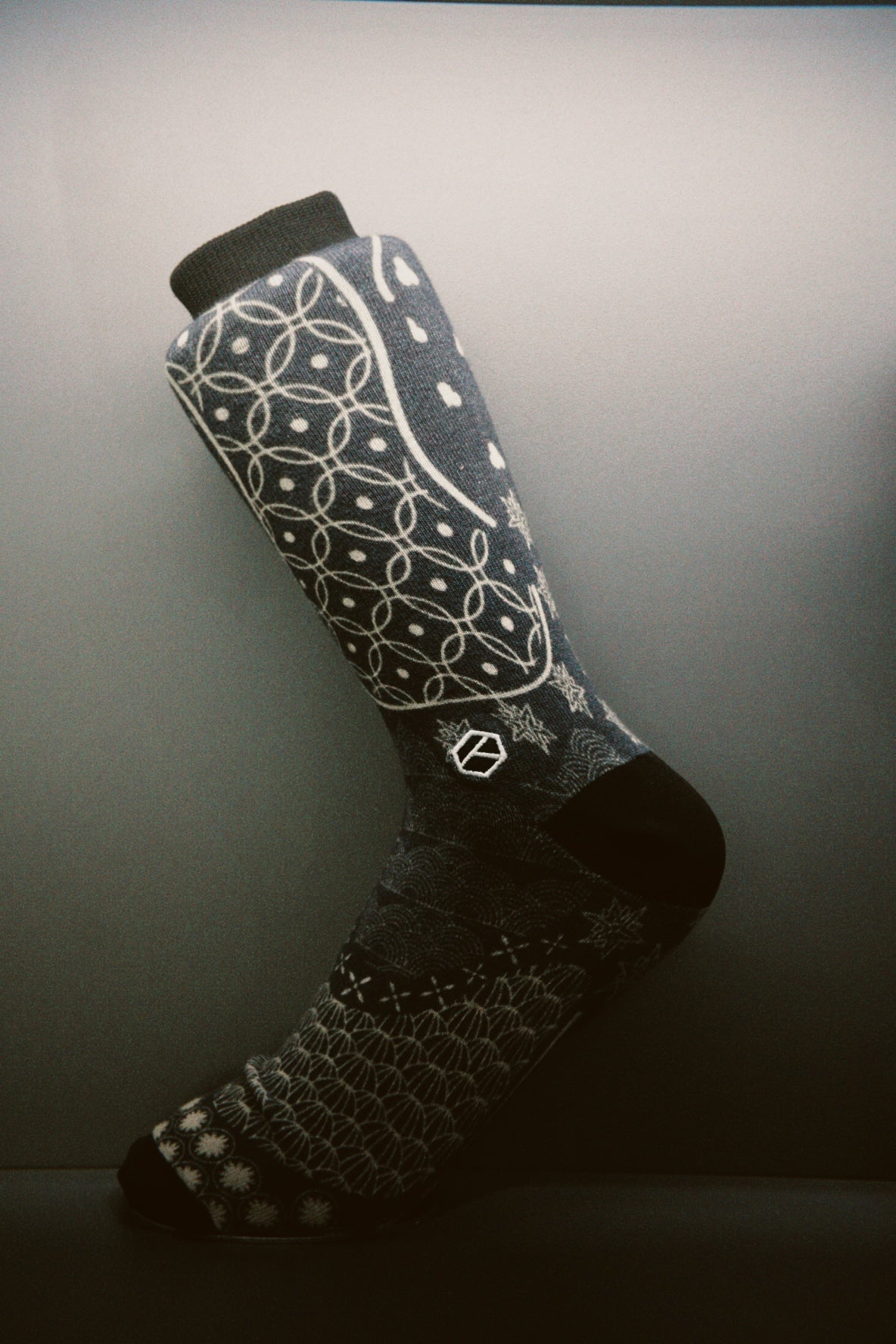 Dusky Blue & Charcoal Noir Monochrome Batik Patterned Cotton Crew Sock | Satria II & Satria Malam II