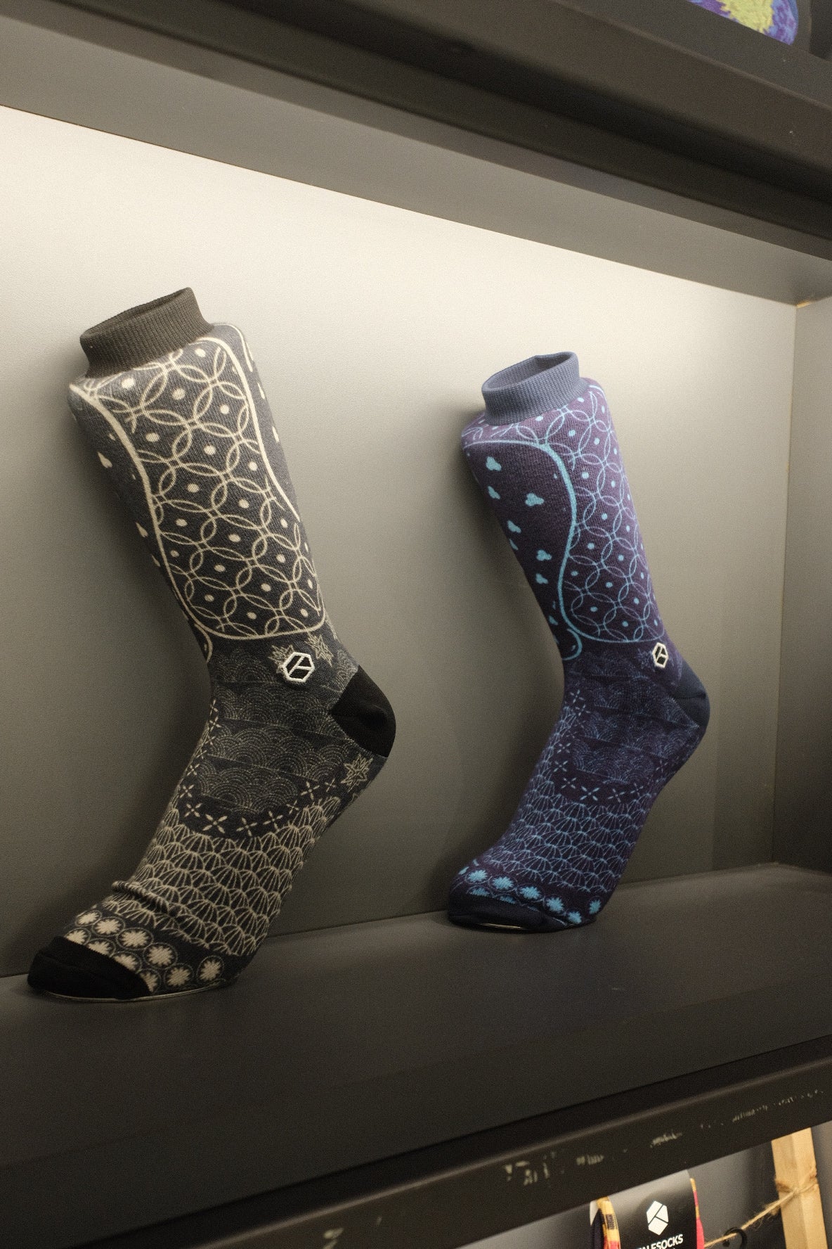 Dusky Blue & Charcoal Noir Monochrome Batik Patterned Cotton Crew Sock | Satria II & Satria Malam II