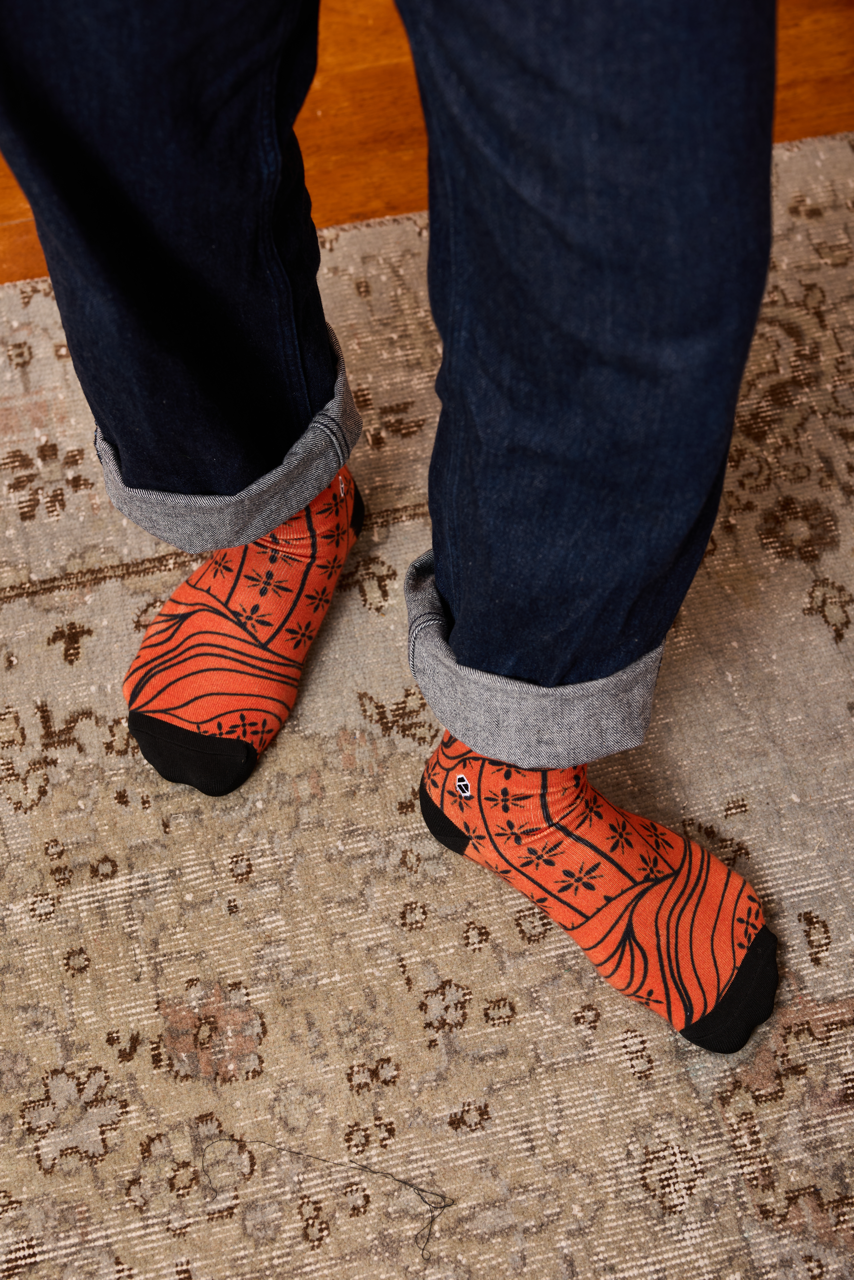 Senja - Marmalade Orange Monochrome Batik Patterned Cotton Crew Socks