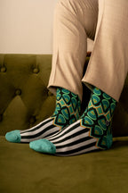 Aqua Blue Batik Patterned Cotton Crew Socks | Adiwarna