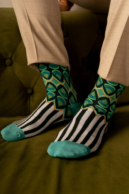 Aqua Blue Batik Patterned Cotton Crew Socks | Adiwarna