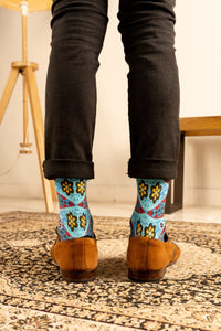 Denim Blue Batik Patterned Cotton Crew Socks | Andika