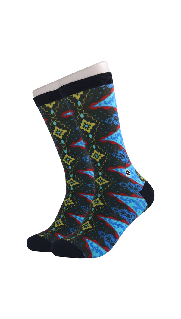 Denim Blue Batik Patterned Cotton Crew Socks | Andika