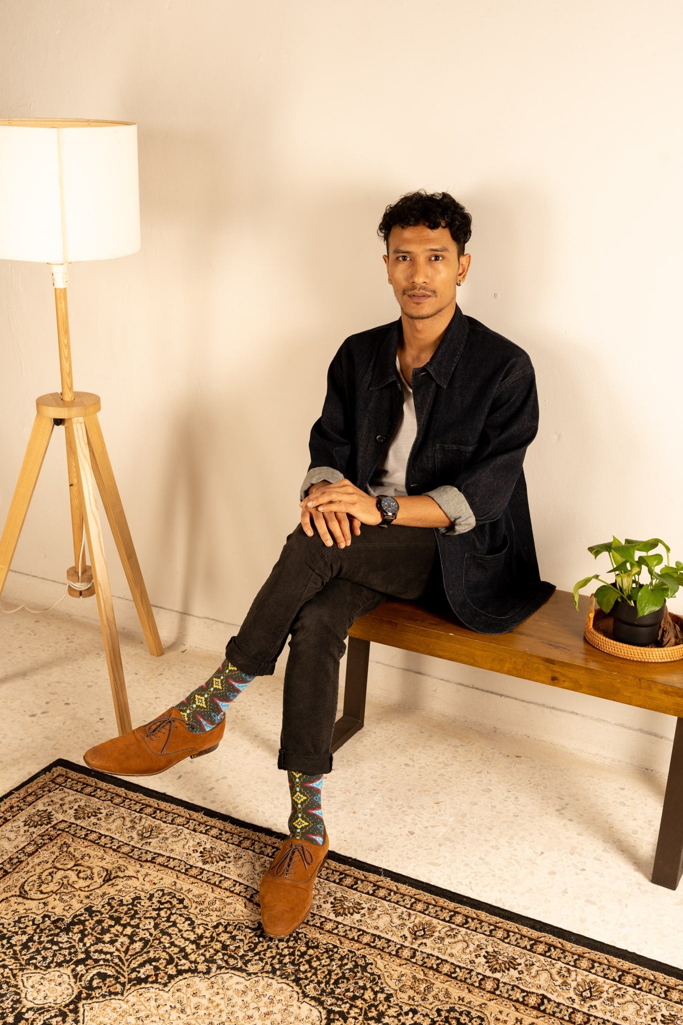 Denim Blue Batik Patterned Cotton Crew Socks | Andika