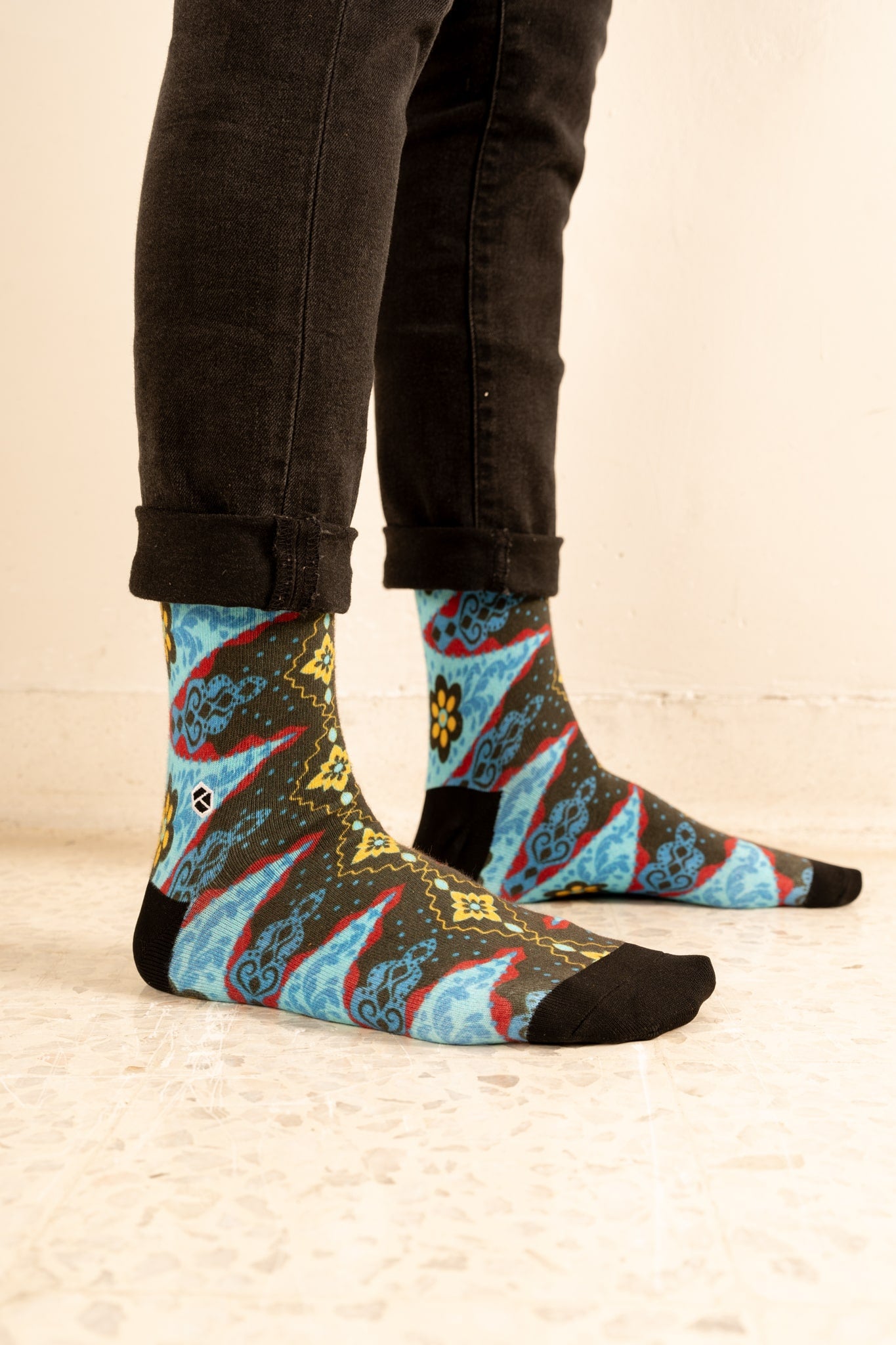 Denim Blue Batik Patterned Cotton Crew Socks | Andika