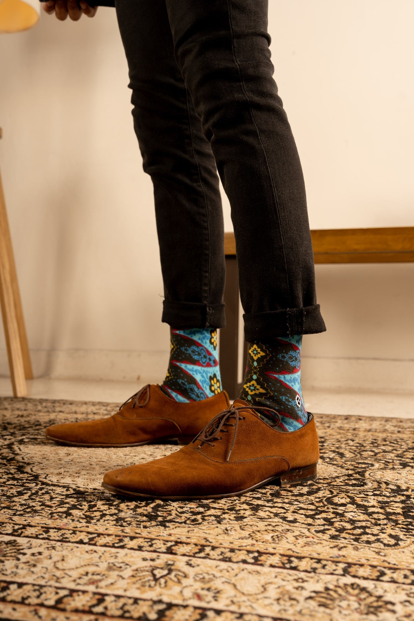 Denim Blue Batik Patterned Cotton Crew Socks | Andika