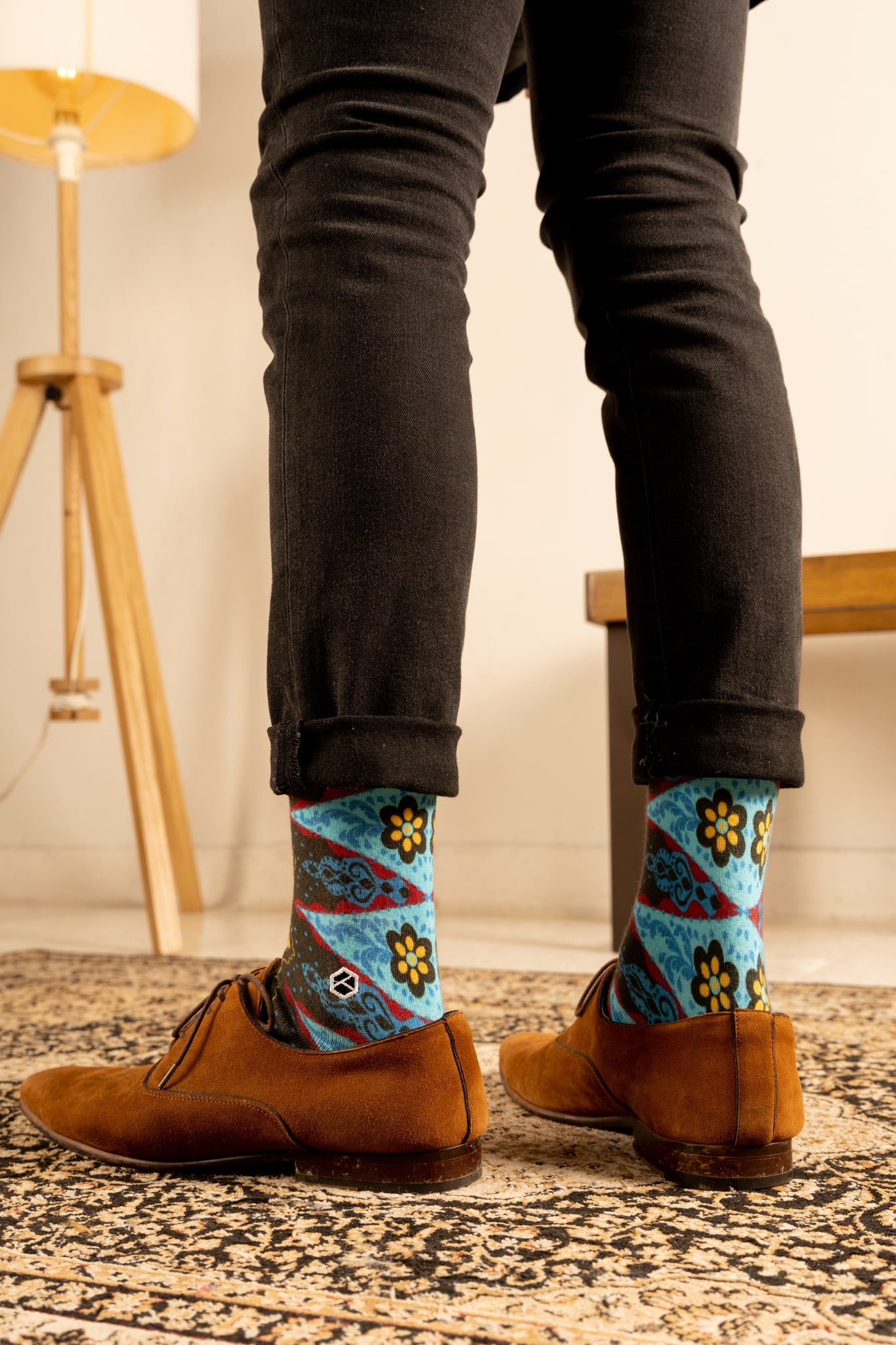 Denim Blue Batik Patterned Cotton Crew Socks | Andika