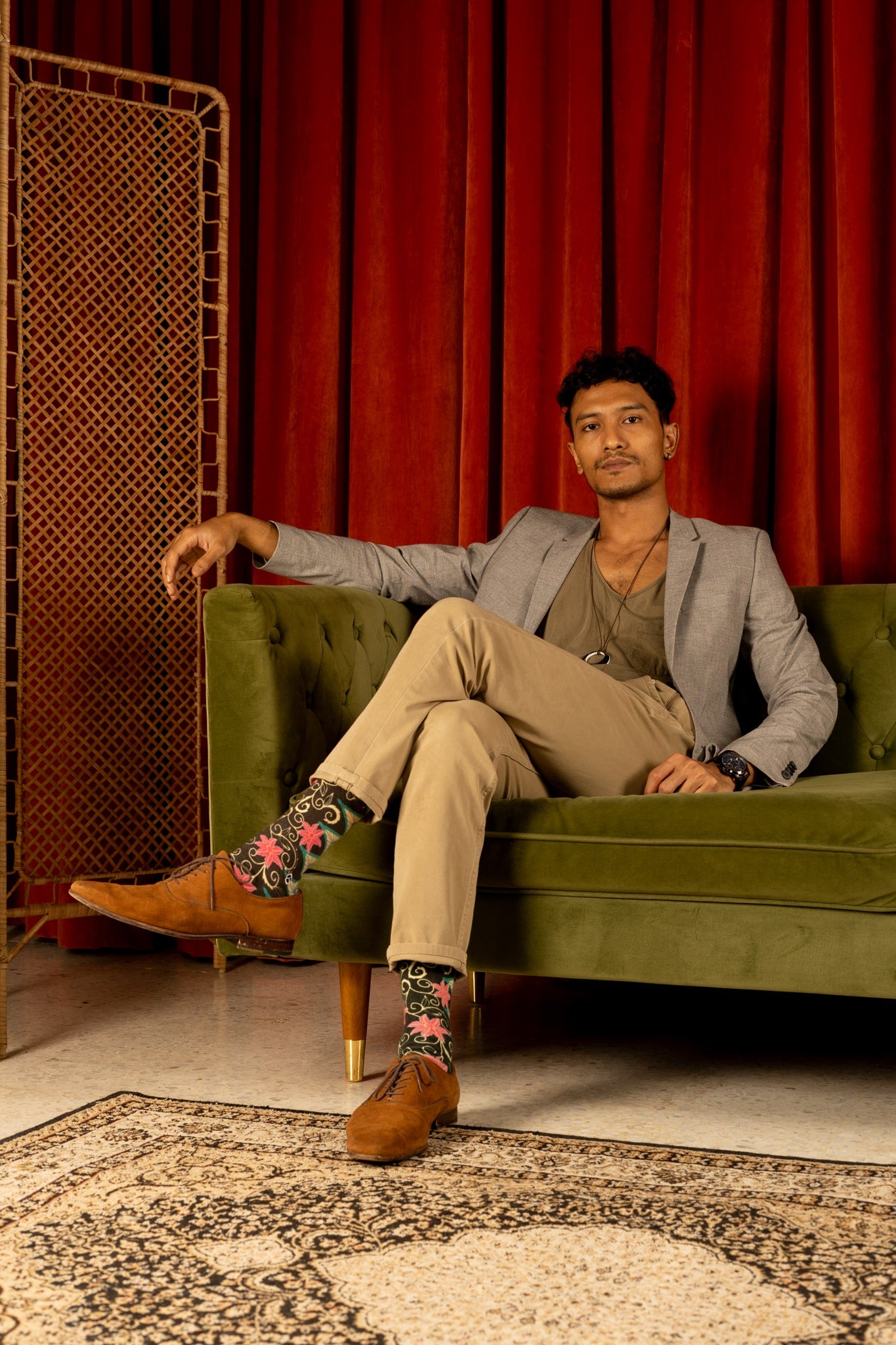 Phthalo Green Floral Batik Patterned Cotton Crew Socks | Cendana