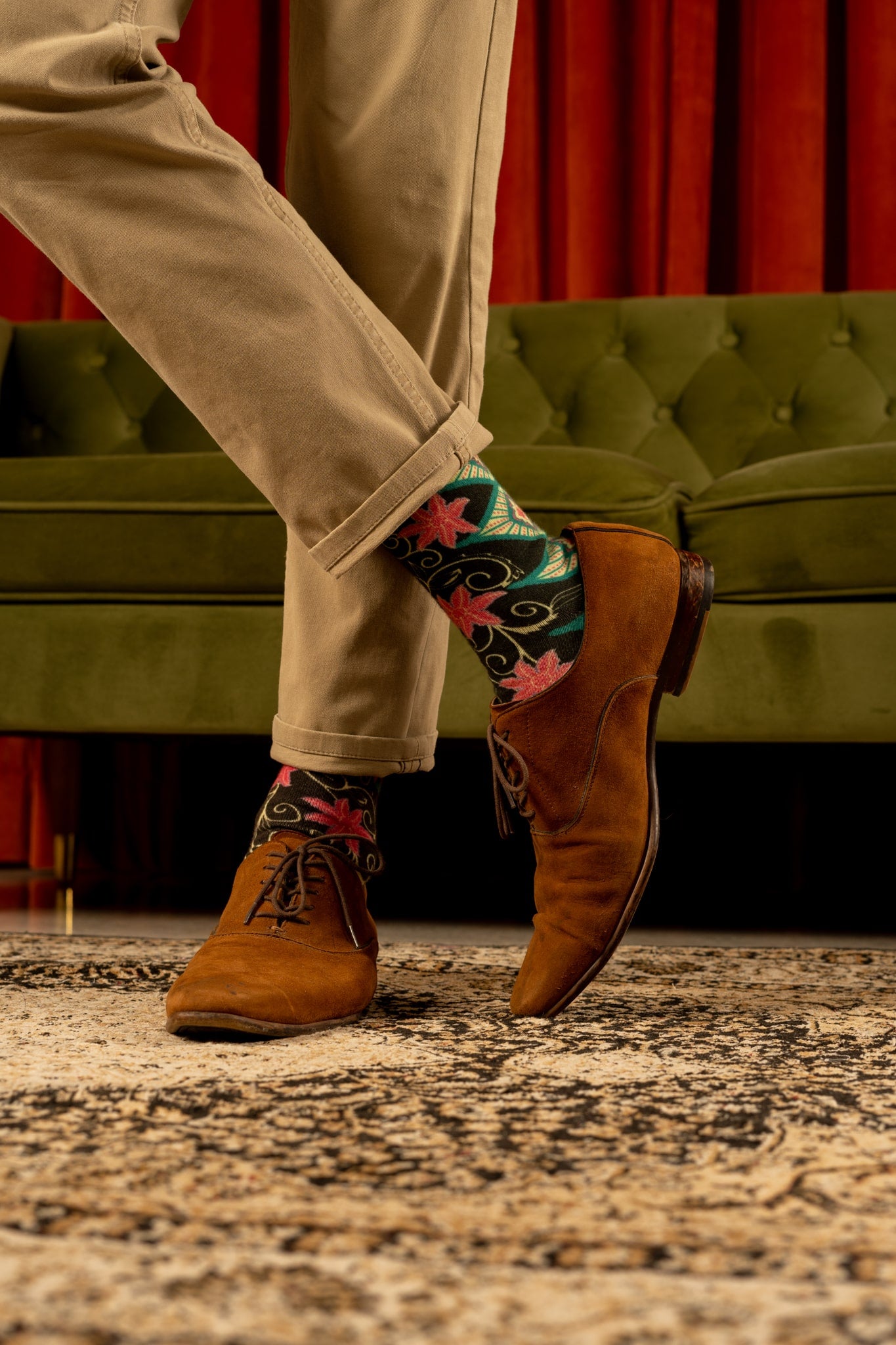Phthalo Green Floral Batik Patterned Cotton Crew Socks | Cendana