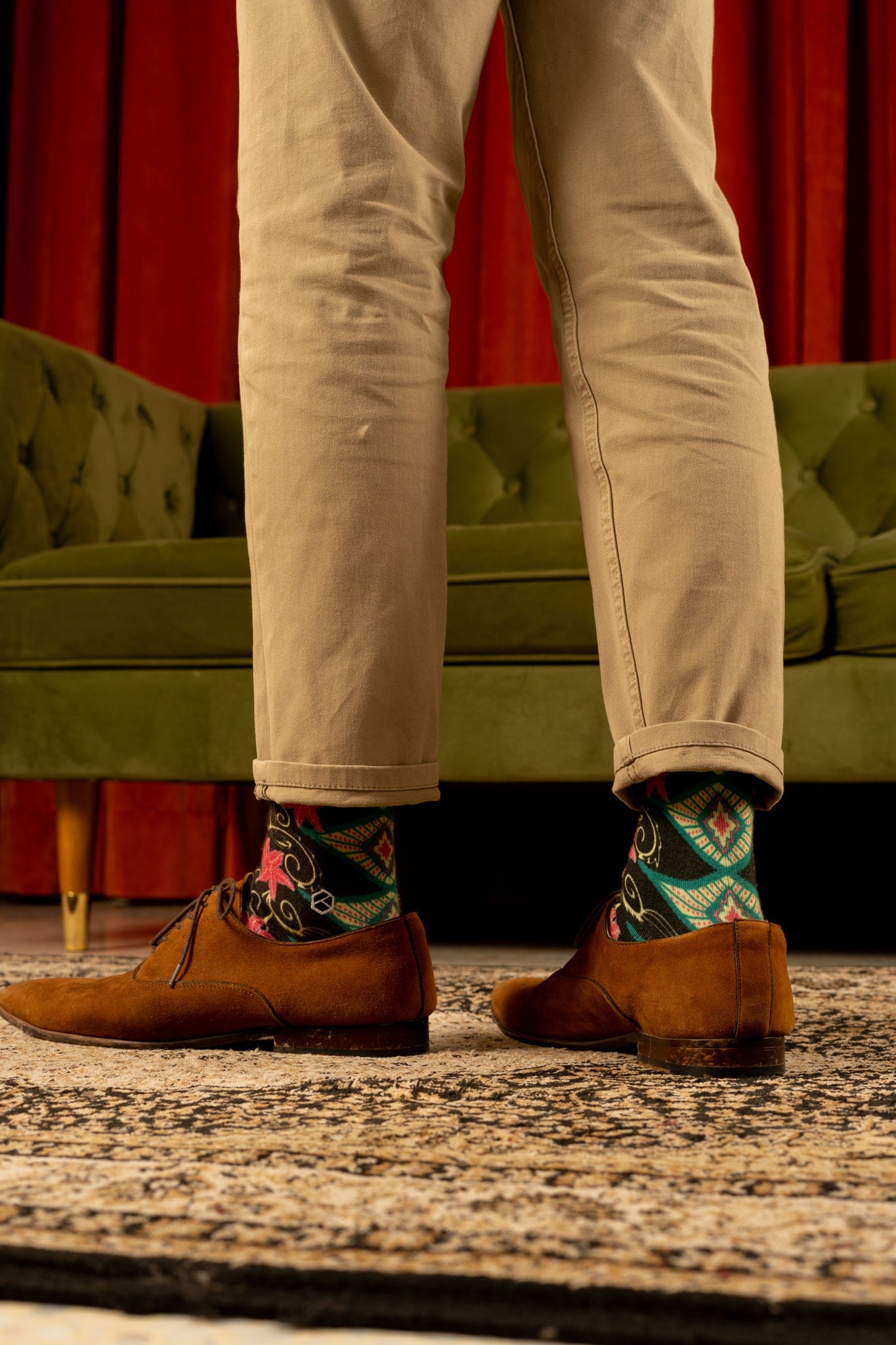 Phthalo Green Floral Batik Patterned Cotton Crew Socks | Cendana