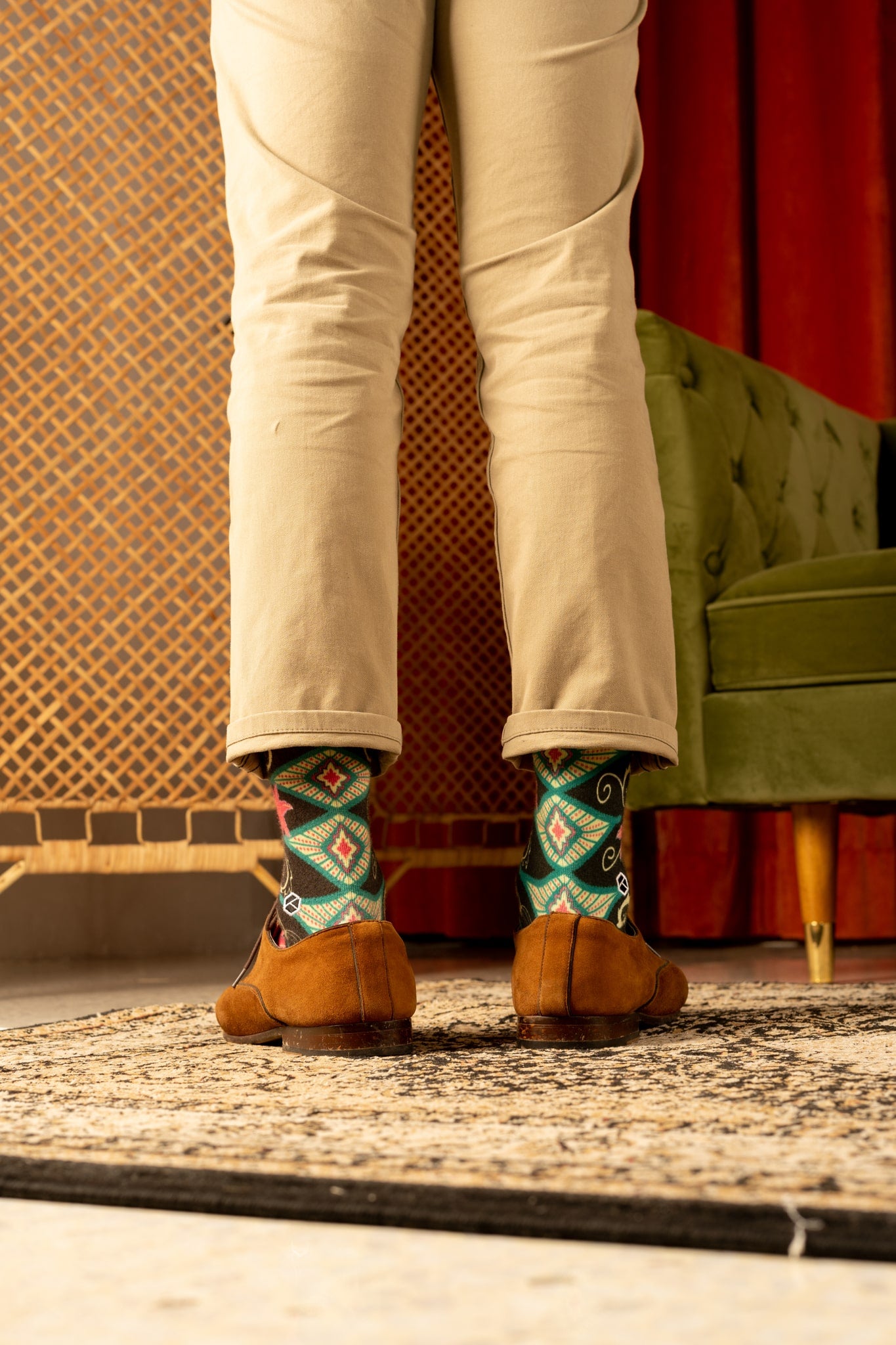 Phthalo Green Floral Batik Patterned Cotton Crew Socks | Cendana