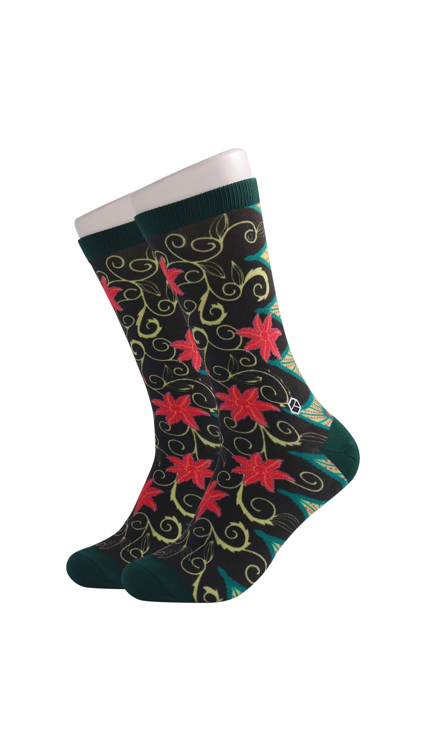 Phthalo Green Floral Batik Patterned Cotton Crew Socks | Cendana